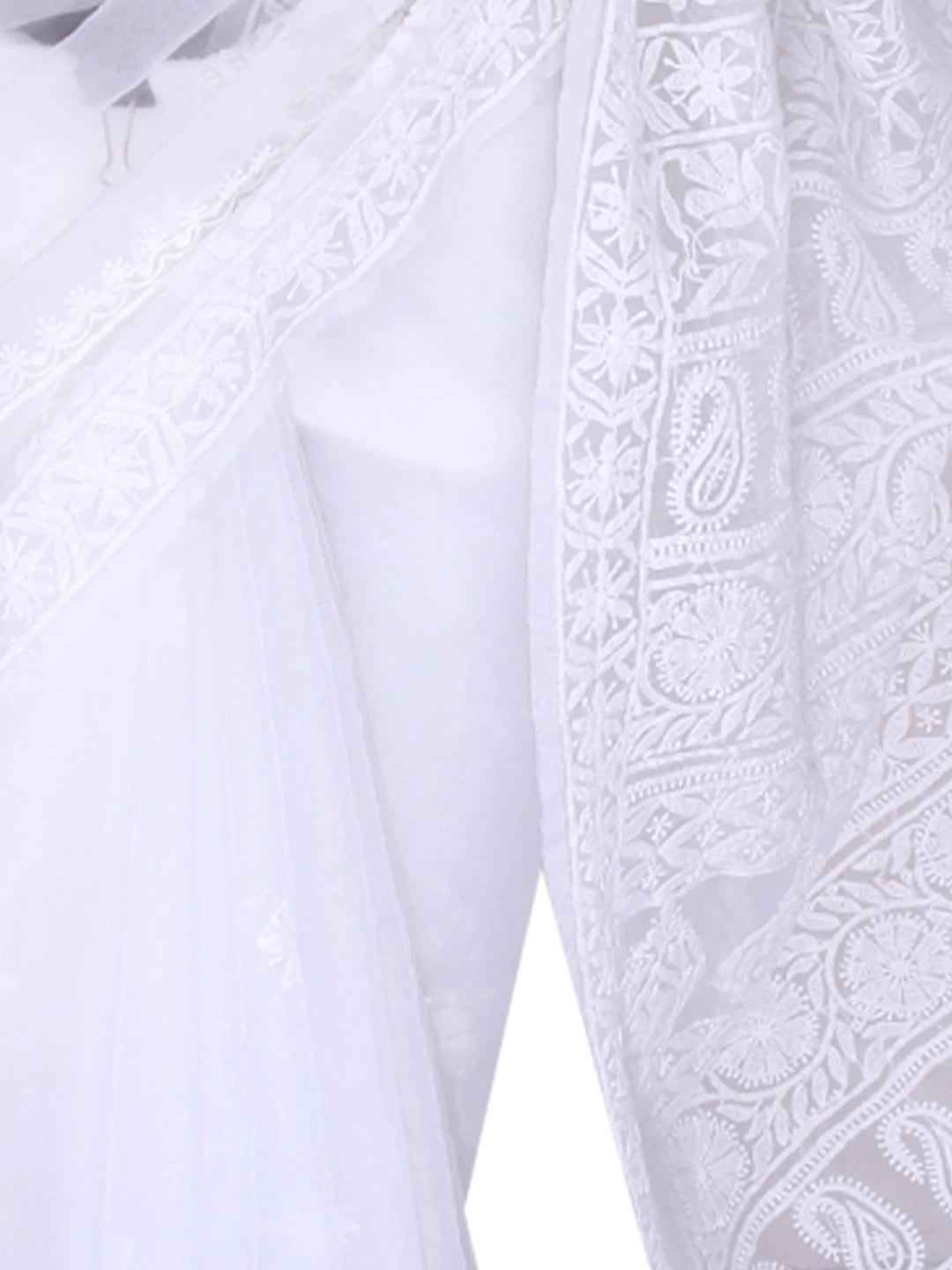 Ada Hand Embroidered White Organza Lucknowi Chikankari Saree With Blouse 01A413349