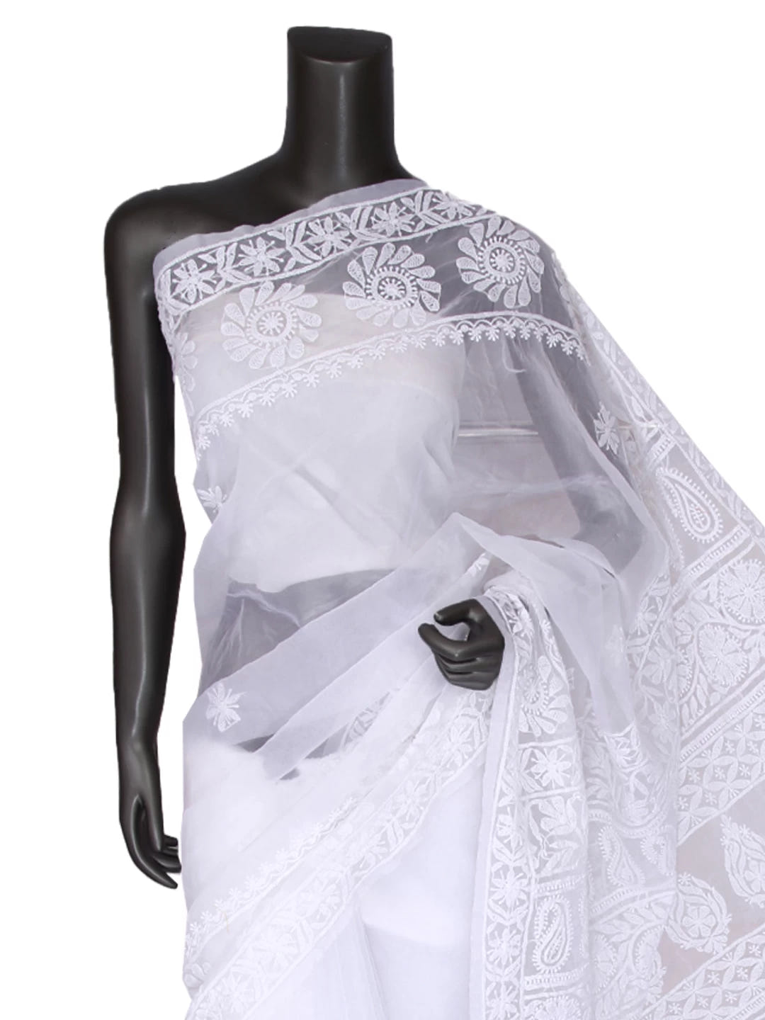 Ada Hand Embroidered White Organza Lucknowi Chikankari Saree With Blouse 01A413349