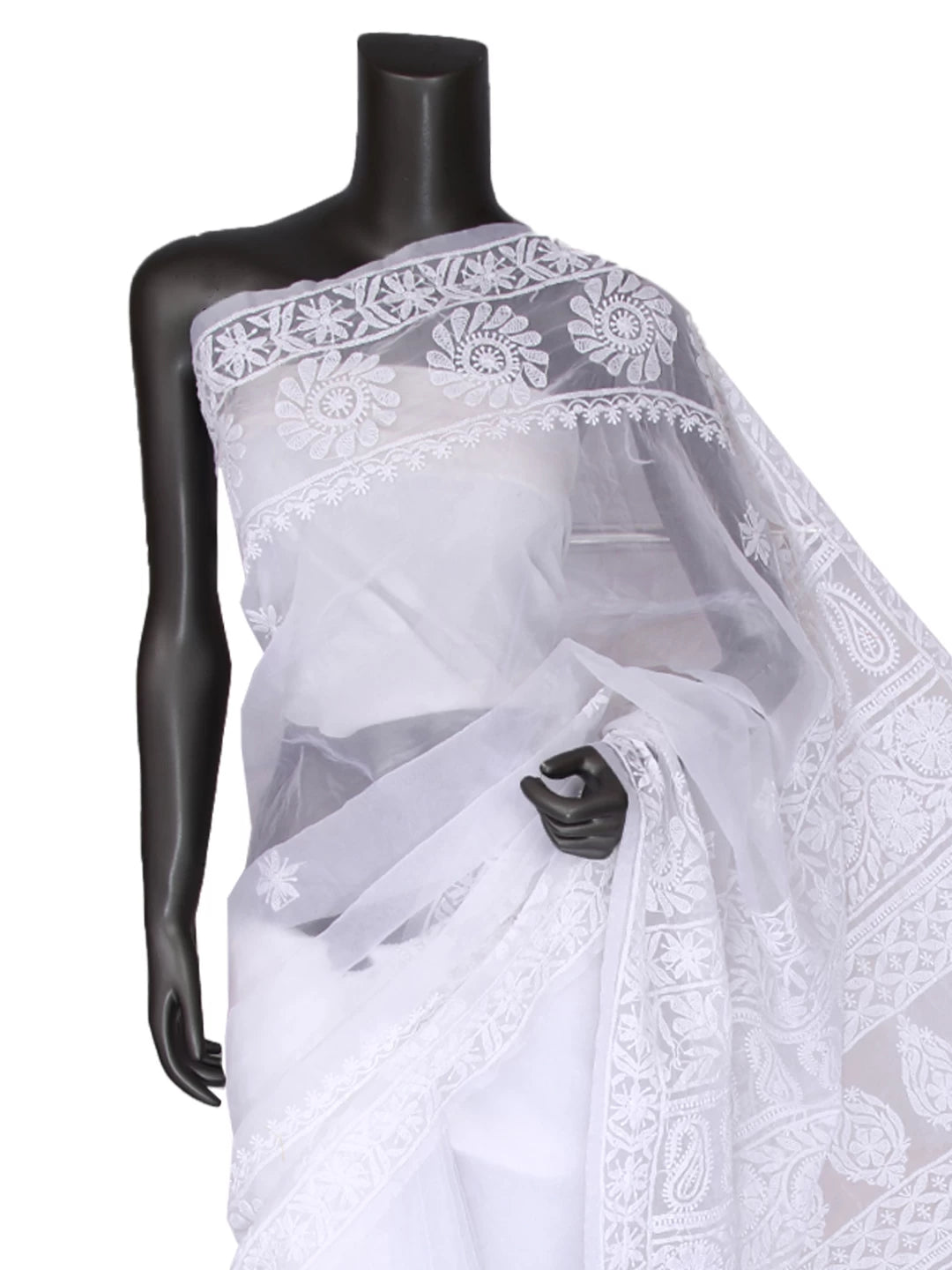 Ada Hand Embroidered White Organza Lucknowi Chikankari Saree With Blouse 01A413349