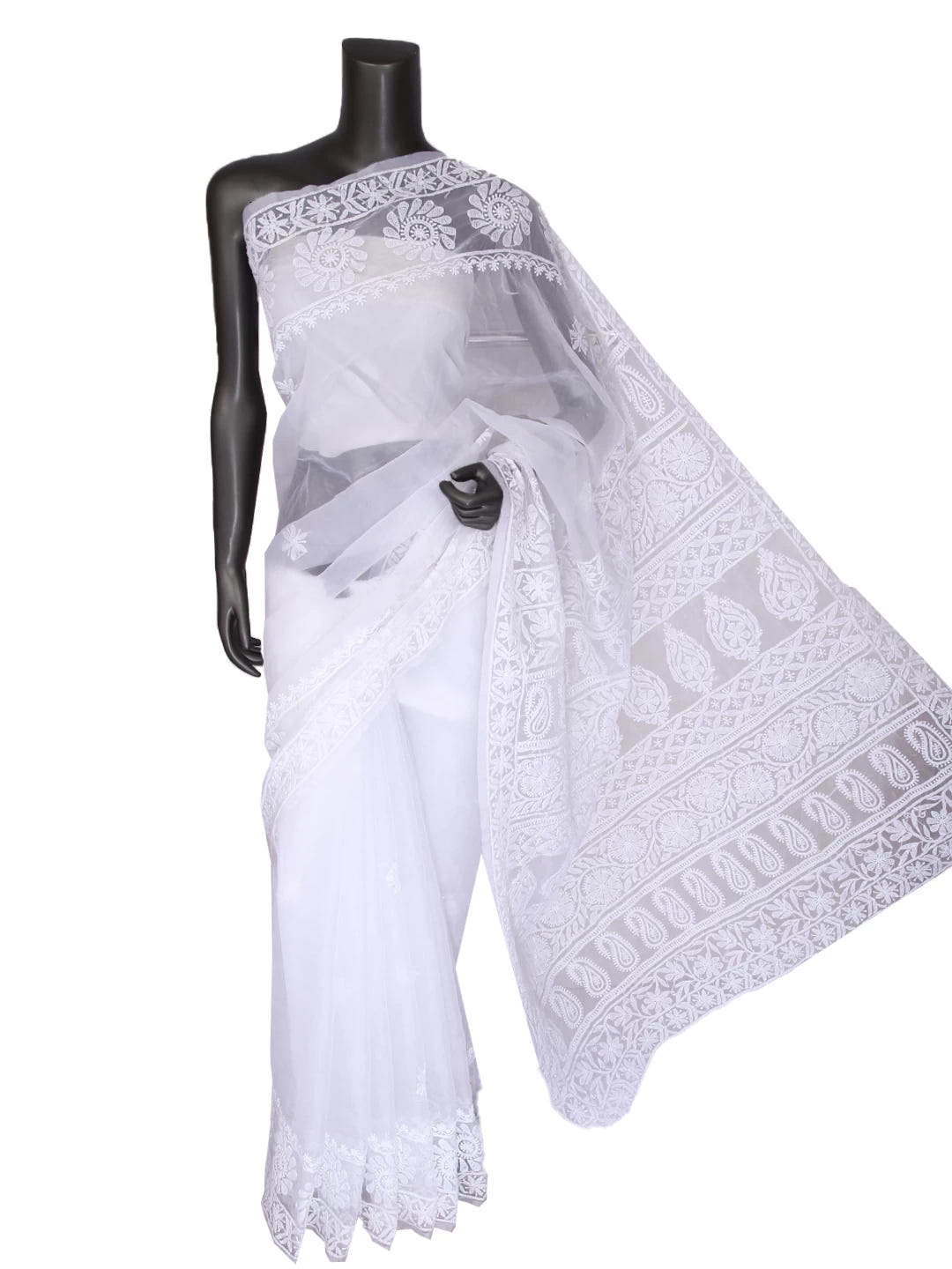Ada Hand Embroidered White Organza Lucknowi Chikankari Saree With Blouse 01A413349