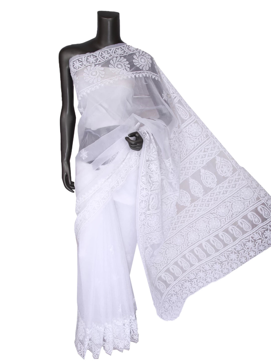 Ada Hand Embroidered White Organza Lucknowi Chikankari Saree With Blouse 01A413349