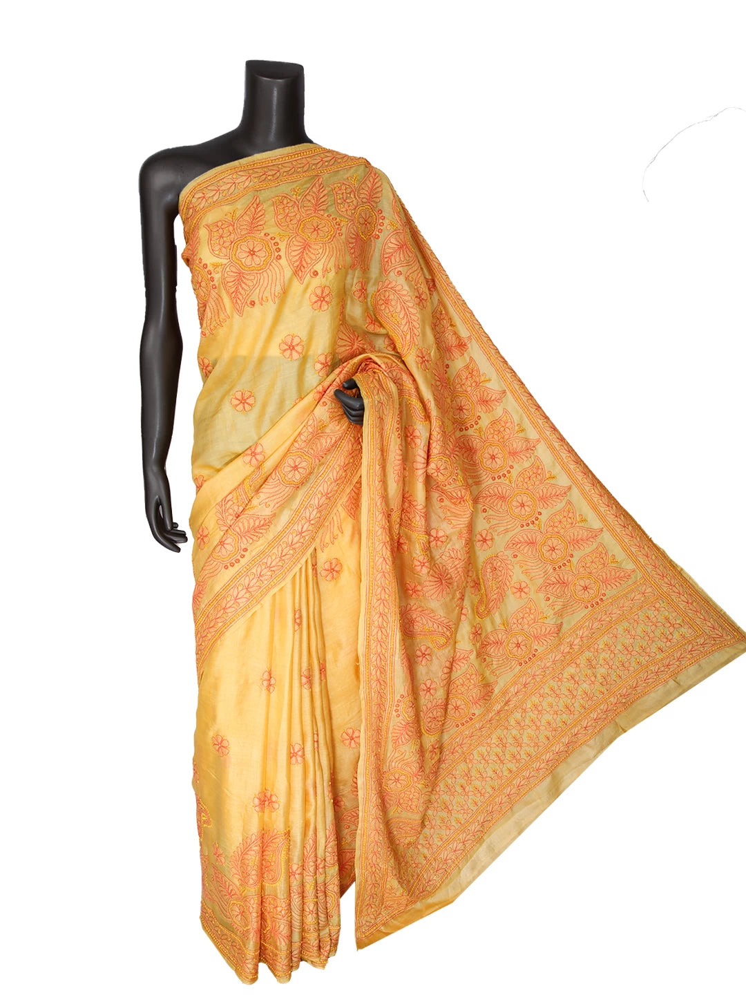 Ada Hand Embroidered Yellow Silk Lucknowi Chikankari Saree with Blouse 01A395339
