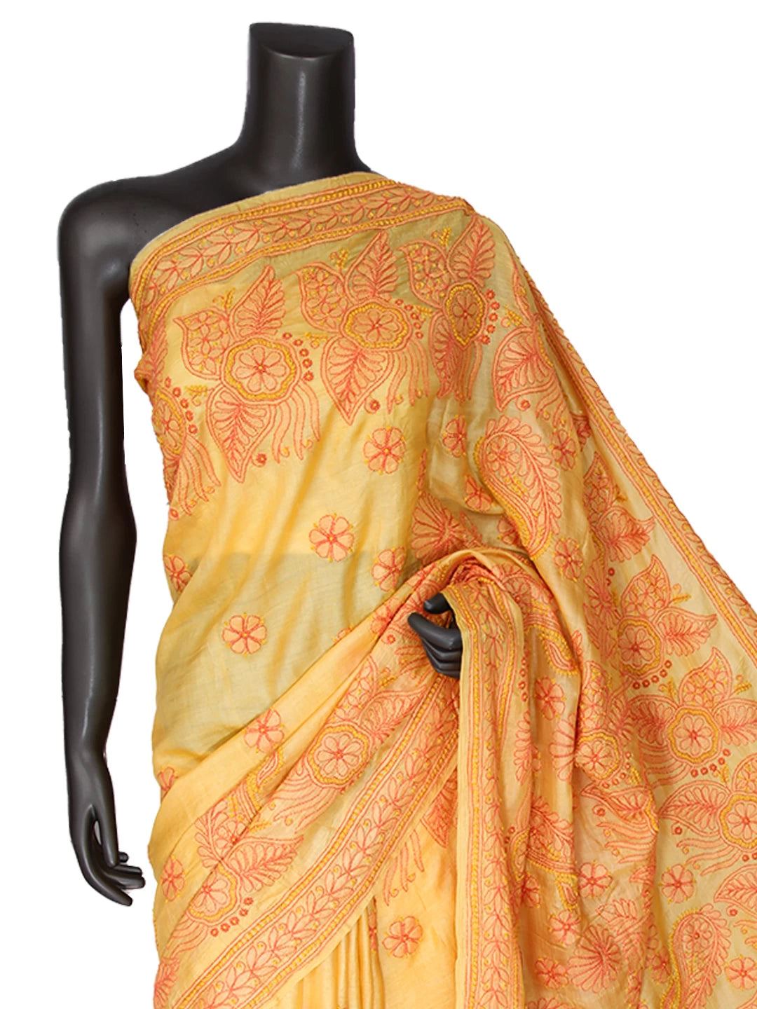 Ada Hand Embroidered Yellow Silk Lucknowi Chikankari Saree with Blouse 01A395339