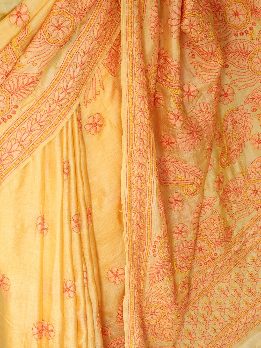 Ada Hand Embroidered Yellow Silk Lucknowi Chikankari Saree with Blouse 01A395339