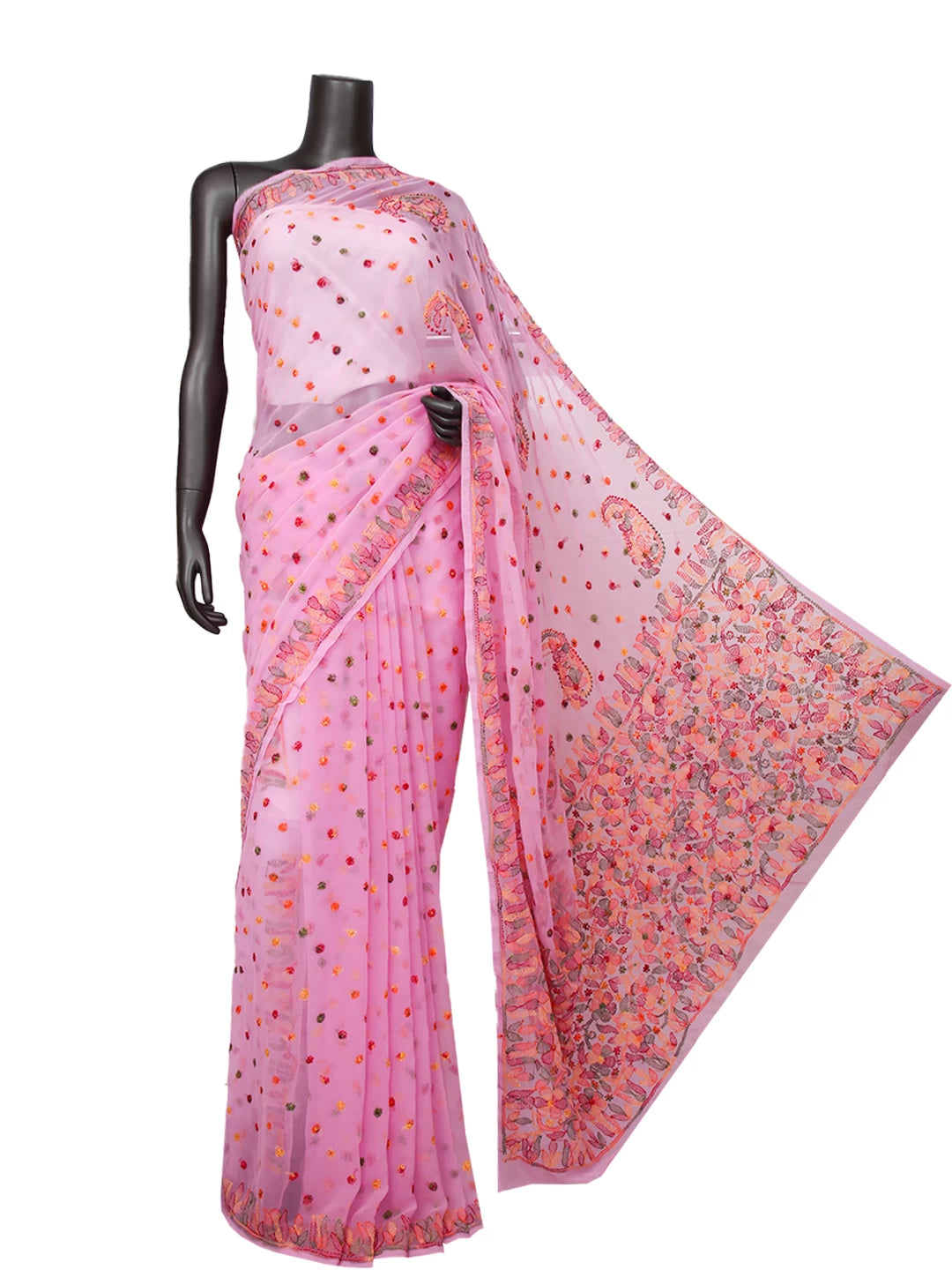 Ada Hand Embroidered Pink Georgette Lucknowi Chikankari Saree With Blouse 01A422752