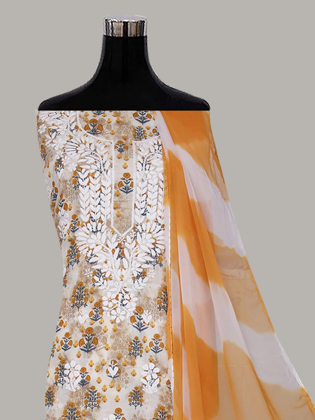 Ada Hand Embroidered Off white And Mustard Cotton Lucknowi Chikankari Unstitched Suit Piece 01A424713