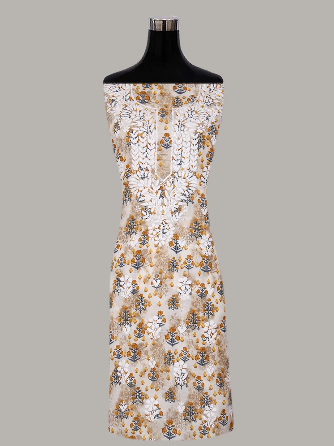 Ada Hand Embroidered Off white And Mustard Cotton Lucknowi Chikankari Unstitched Suit Piece 01A424713