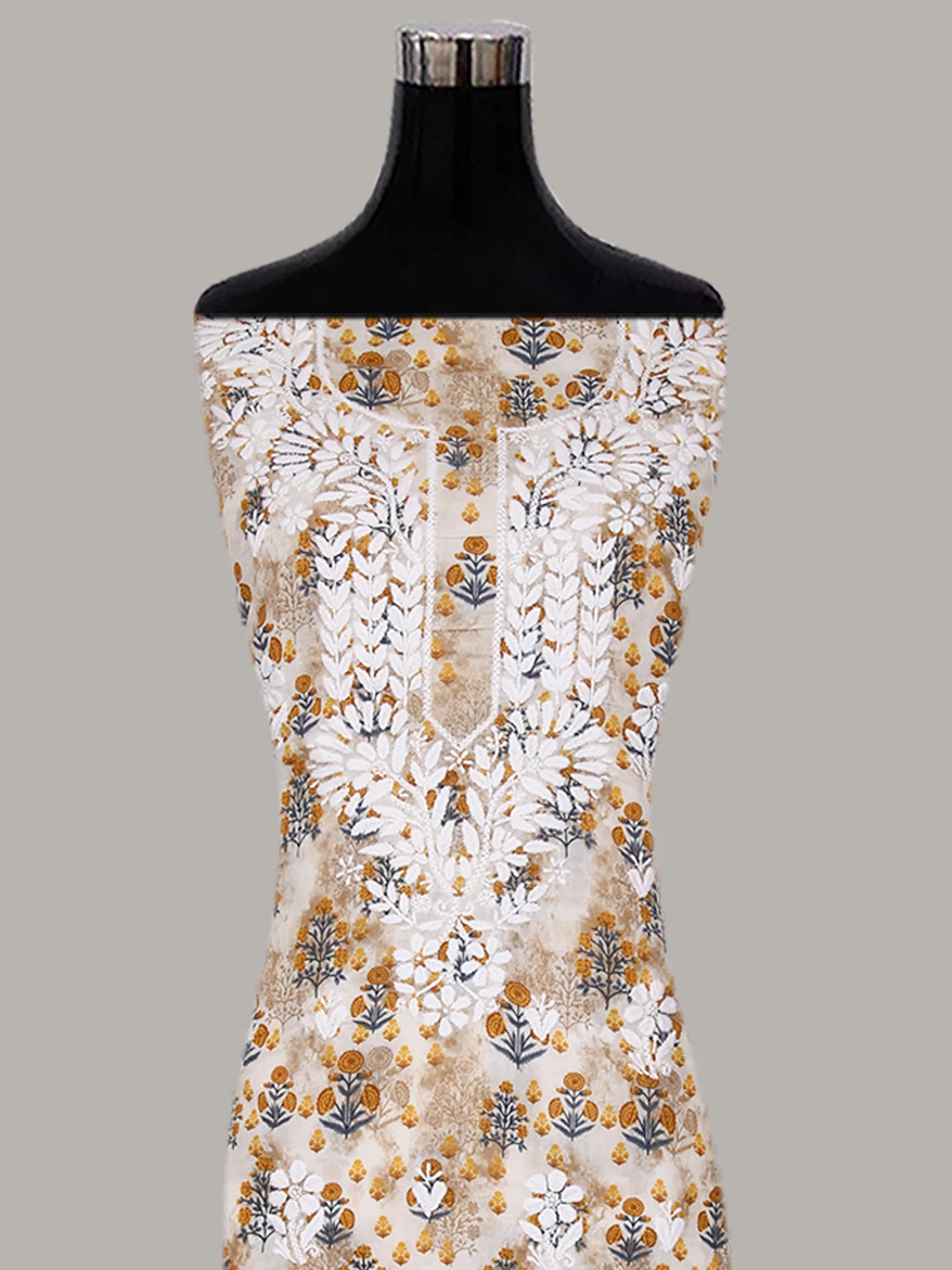 Ada Hand Embroidered Off white And Mustard Cotton Lucknowi Chikankari Unstitched Suit Piece 01A424713