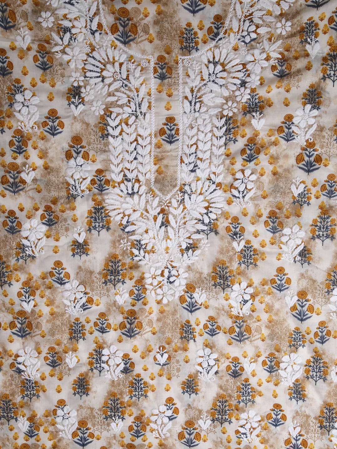 Ada Hand Embroidered Off white And Mustard Cotton Lucknowi Chikankari Unstitched Suit Piece 01A424713