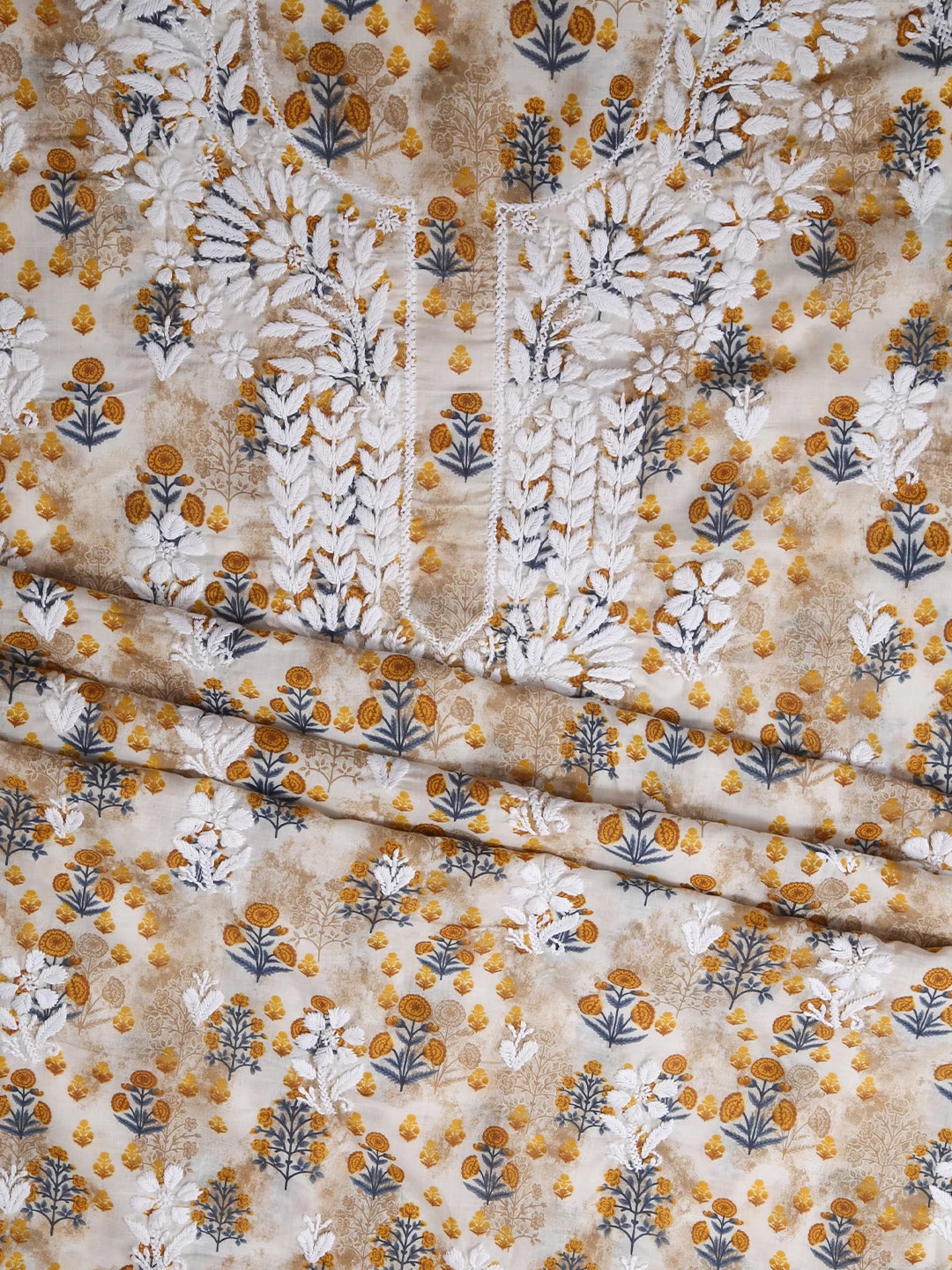 Ada Hand Embroidered Off white And Mustard Cotton Lucknowi Chikankari Unstitched Suit Piece 01A424713
