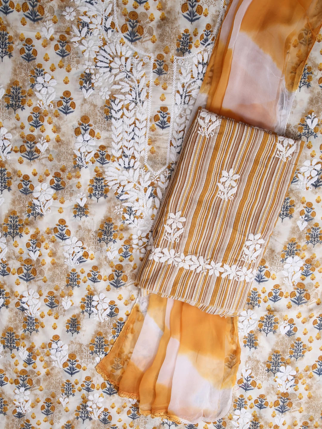 Ada Hand Embroidered Off white And Mustard Cotton Lucknowi Chikankari Unstitched Suit Piece 01A424713