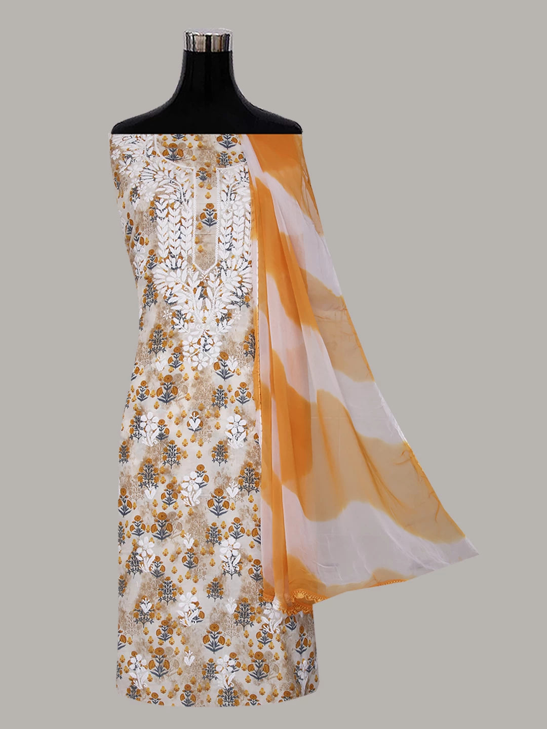 Ada Hand Embroidered Off white And Mustard Cotton Lucknowi Chikankari Unstitched Suit Piece 01A424713