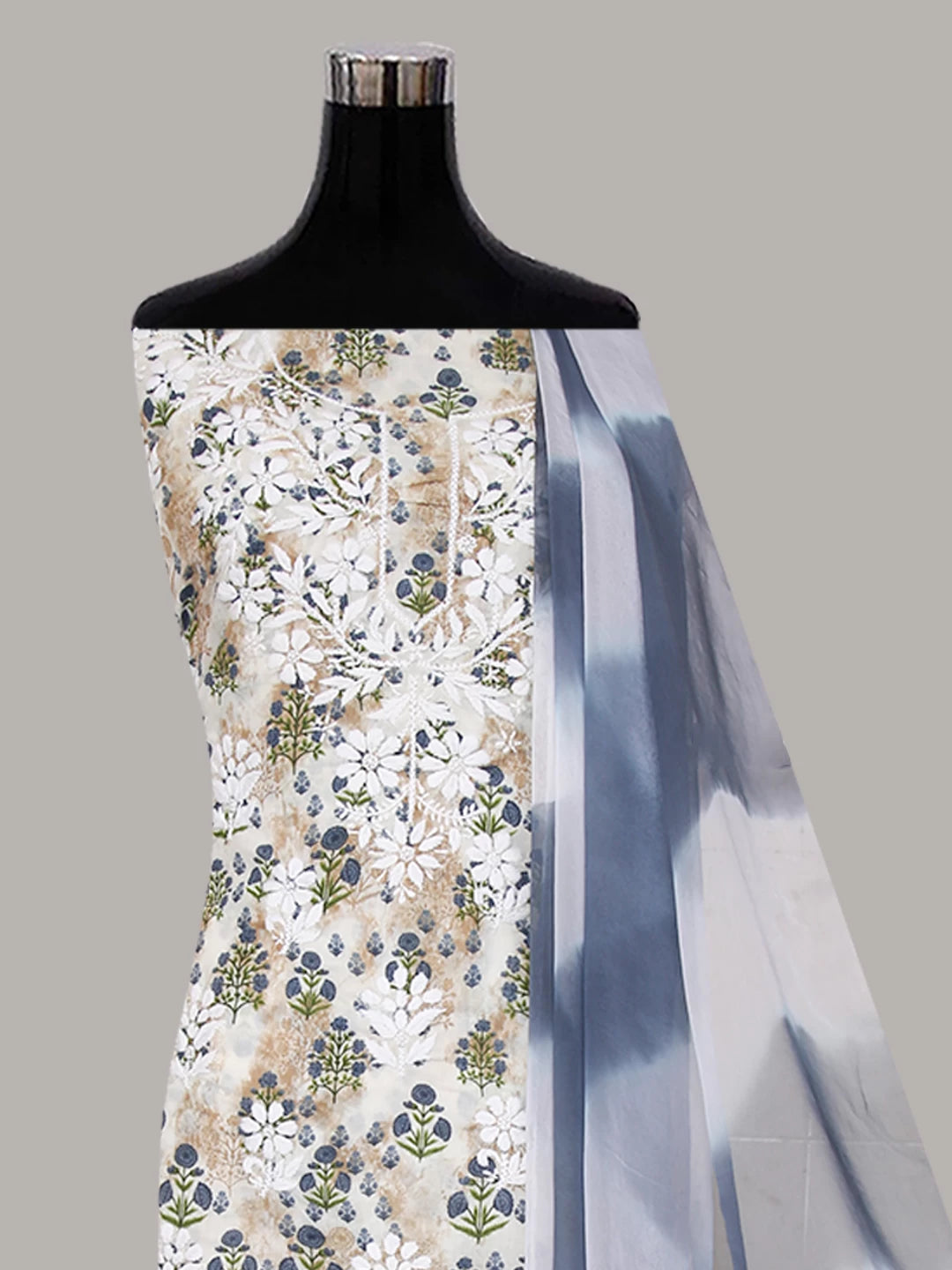 Ada Hand Embroidered Off White And Bluish Grey Cotton Lucknowi Chikankari Unstitched Suit Piece 01A410321