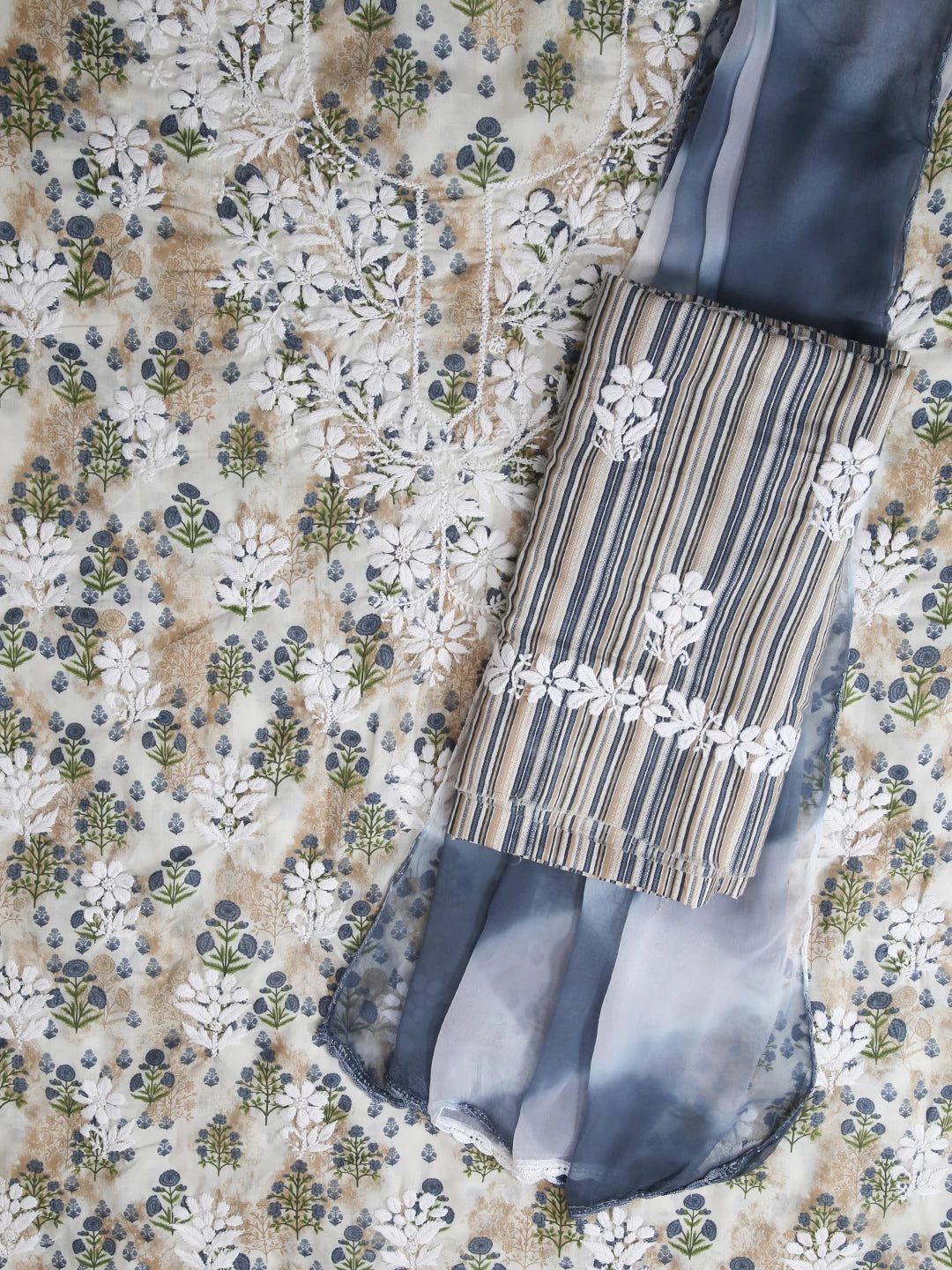 Ada Hand Embroidered Off White And Bluish Grey Cotton Lucknowi Chikankari Unstitched Suit Piece 01A410321