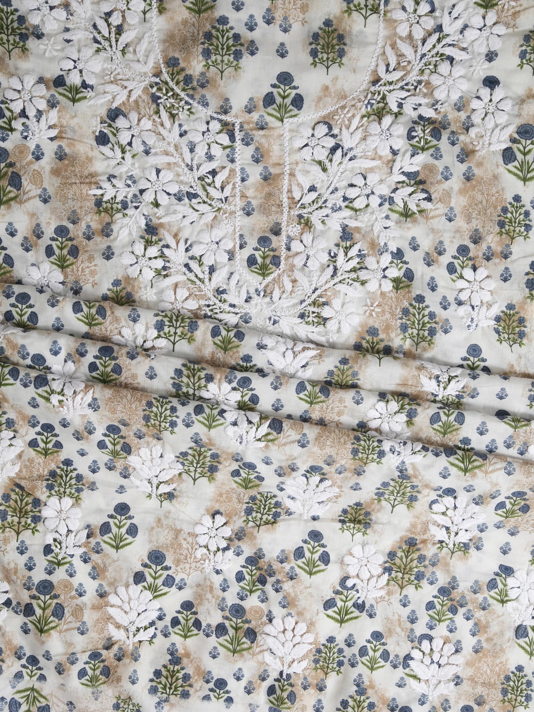 Ada Hand Embroidered Off White And Bluish Grey Cotton Lucknowi Chikankari Unstitched Suit Piece 01A410321