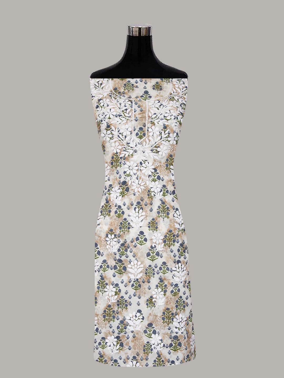 Ada Hand Embroidered Off White And Bluish Grey Cotton Lucknowi Chikankari Unstitched Suit Piece 01A410321