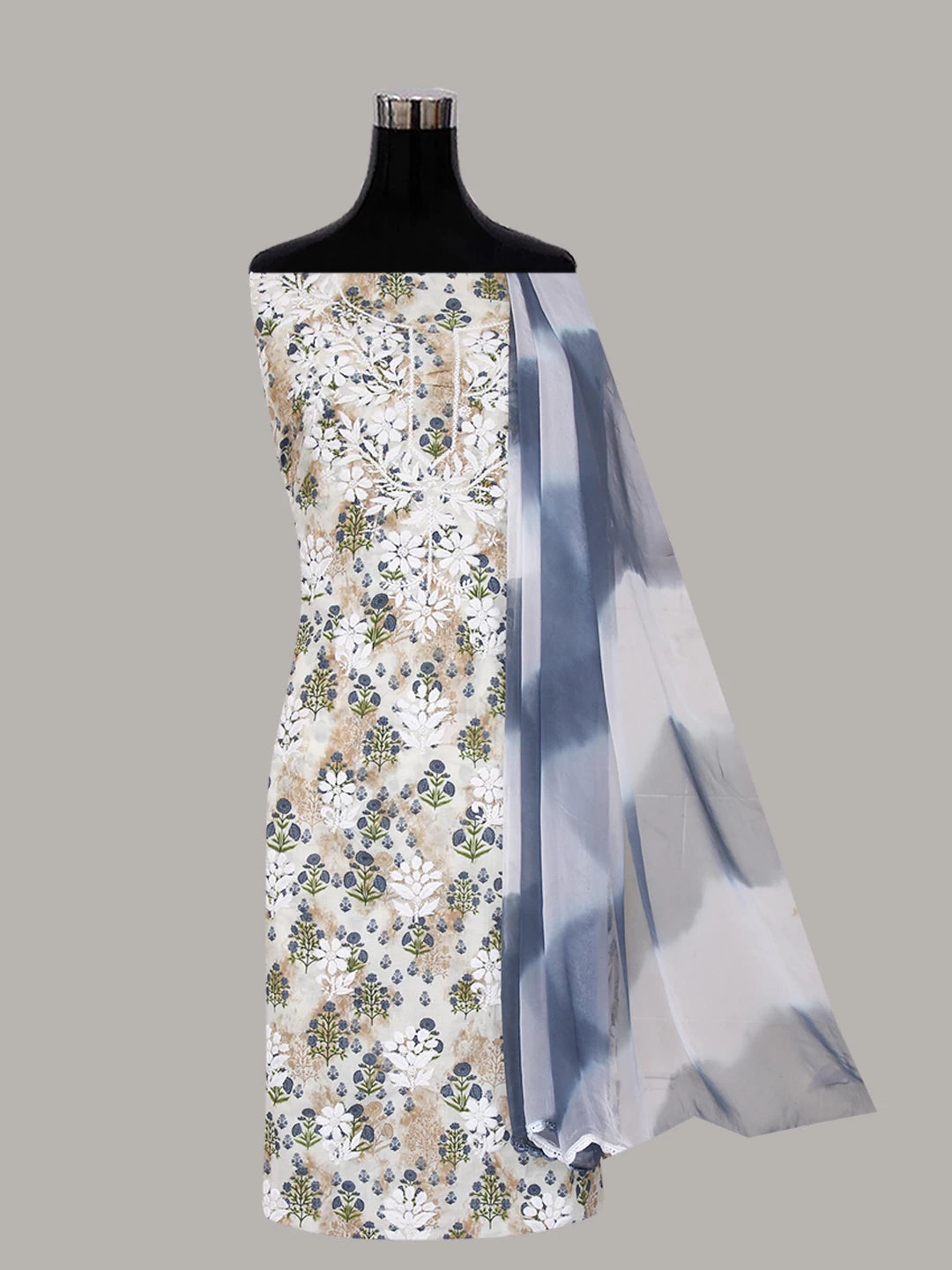 Ada Hand Embroidered Off White And Bluish Grey Cotton Lucknowi Chikankari Unstitched Suit Piece 01A410321