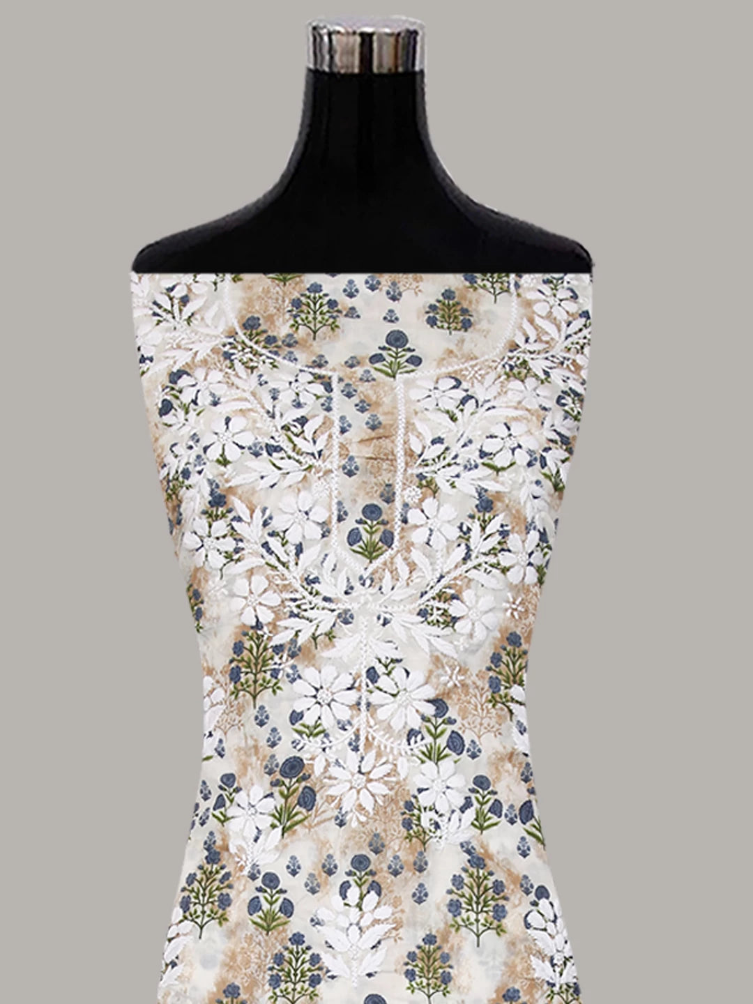 Ada Hand Embroidered Off White And Bluish Grey Cotton Lucknowi Chikankari Unstitched Suit Piece 01A410321