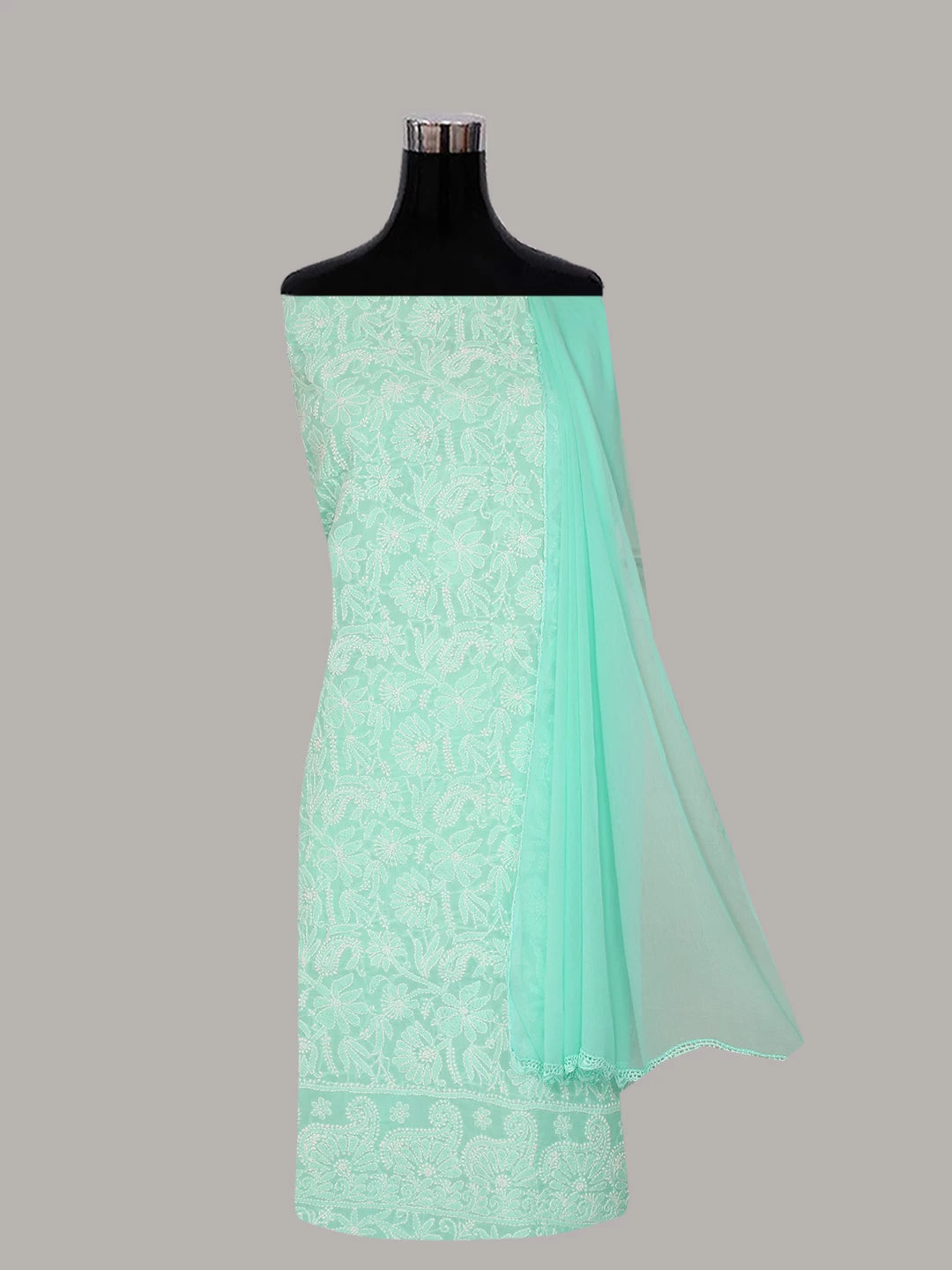 Ada Hand Embroidered Sea Green Cotton Lucknowi Chikankari Unstitched Suit Piece 01A421018