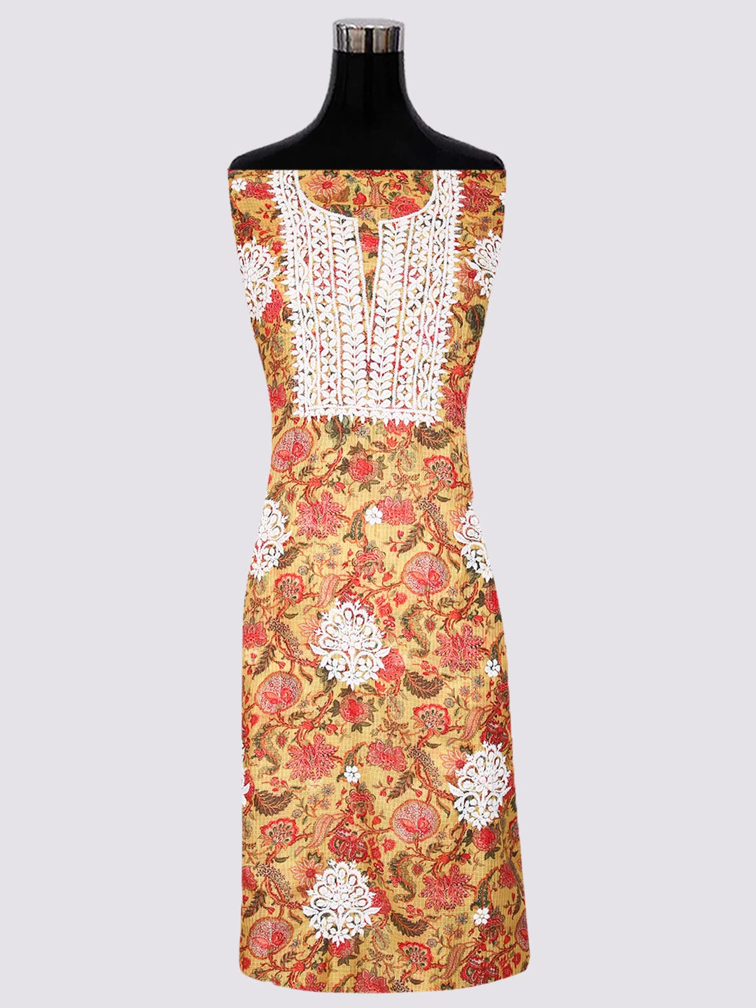 Ada Hand Embroidered Madallion Yellow Floral Printed Kota Silk Lucknowi Chikankari Unstitched Kurta Piece 01A349803