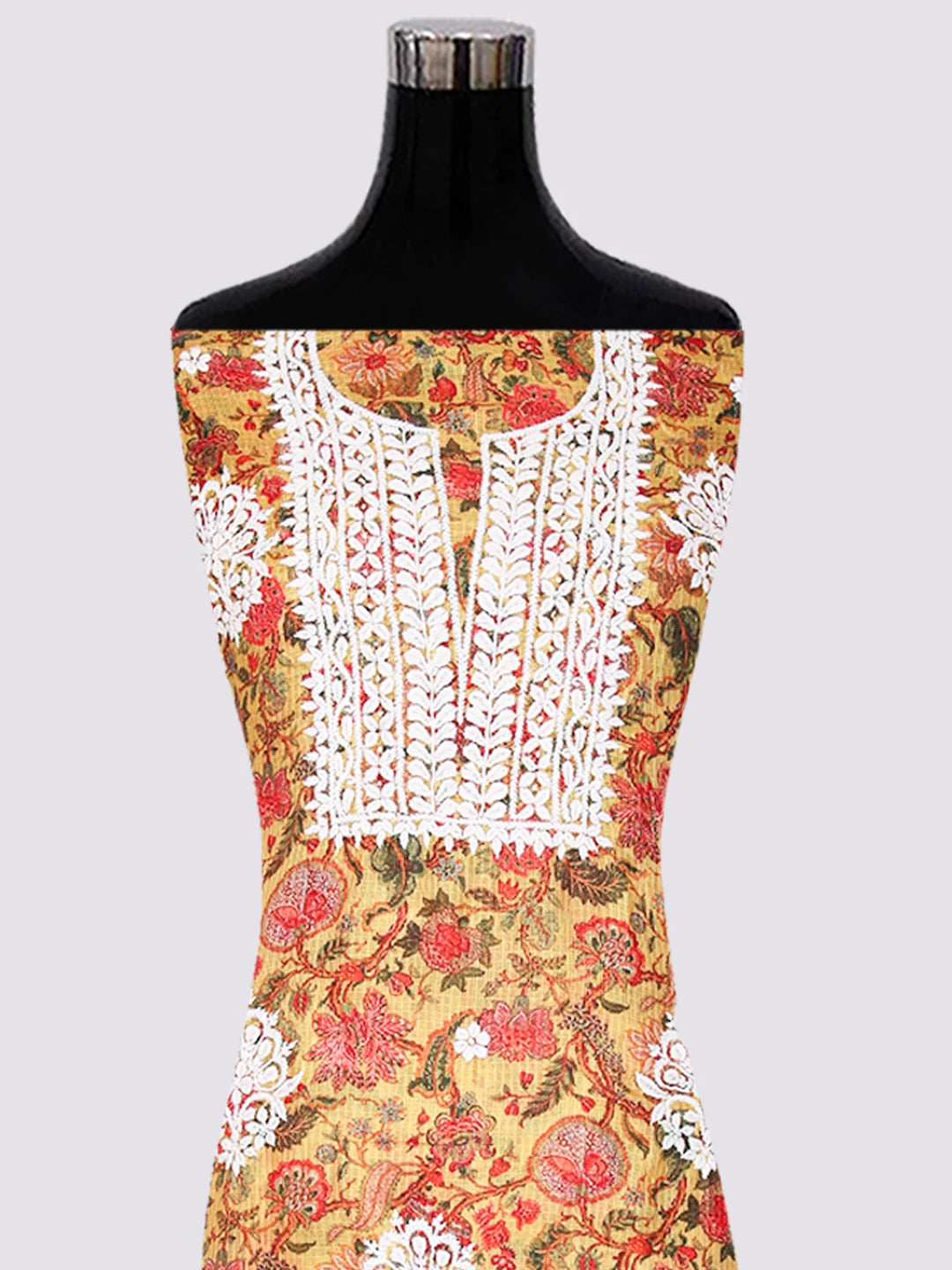Ada Hand Embroidered Madallion Yellow Floral Printed Kota Silk Lucknowi Chikankari Unstitched Kurta Piece 01A349803