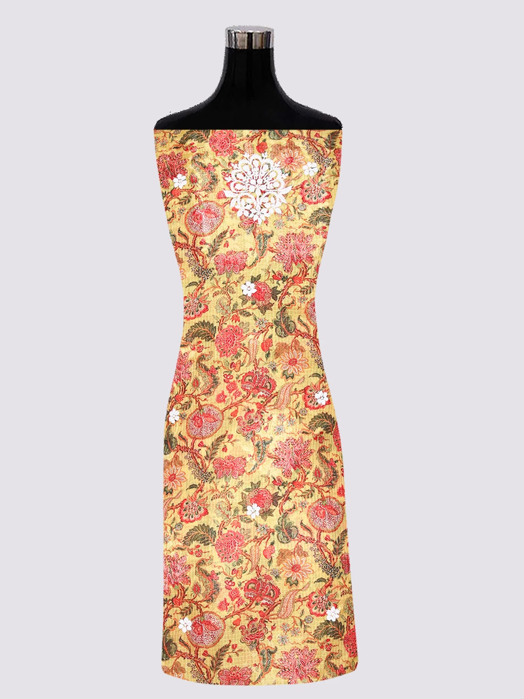 Ada Hand Embroidered Madallion Yellow Floral Printed Kota Silk Lucknowi Chikankari Unstitched Kurta Piece 01A349803