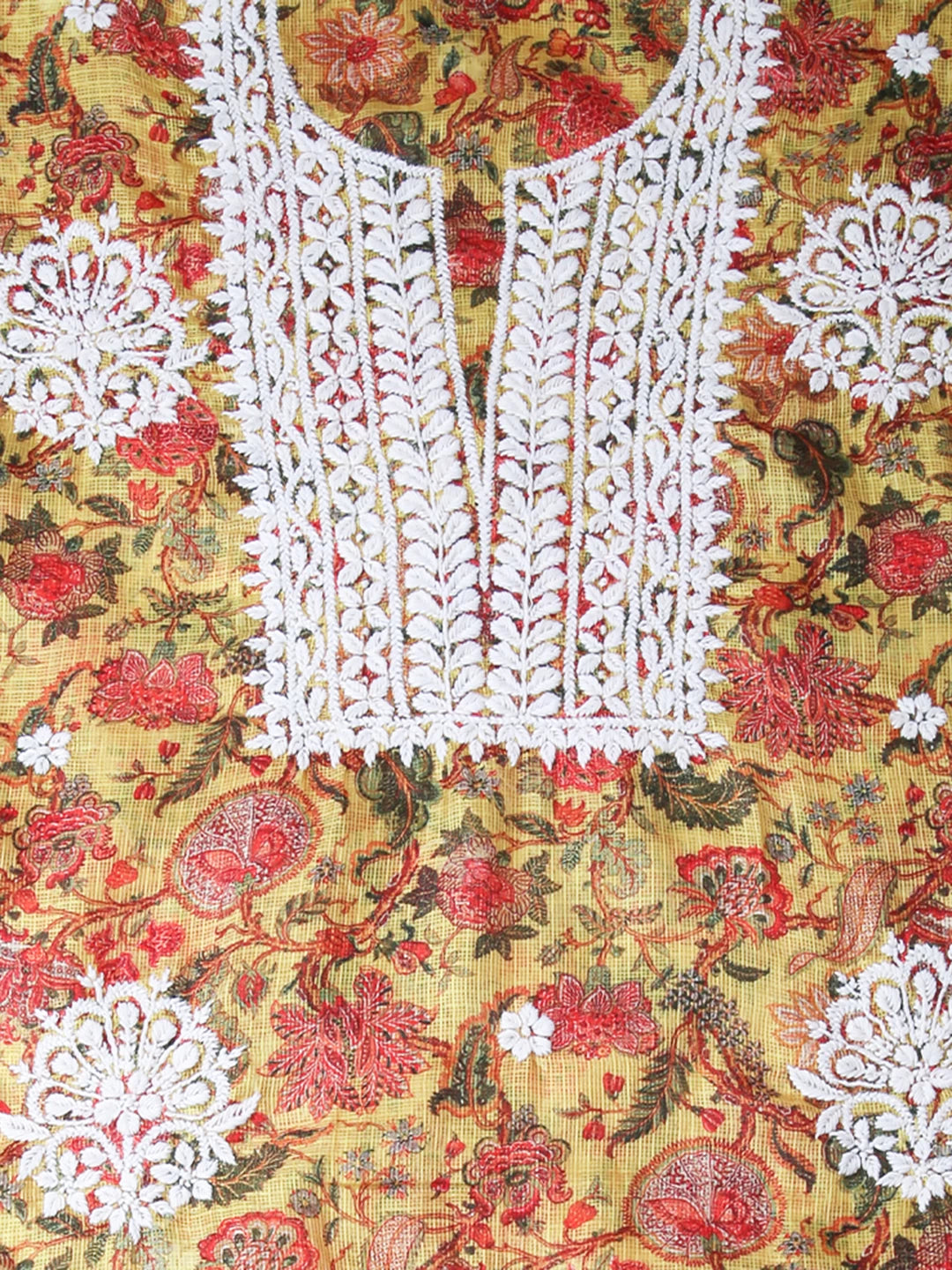 Ada Hand Embroidered Madallion Yellow Floral Printed Kota Silk Lucknowi Chikankari Unstitched Kurta Piece 01A349803