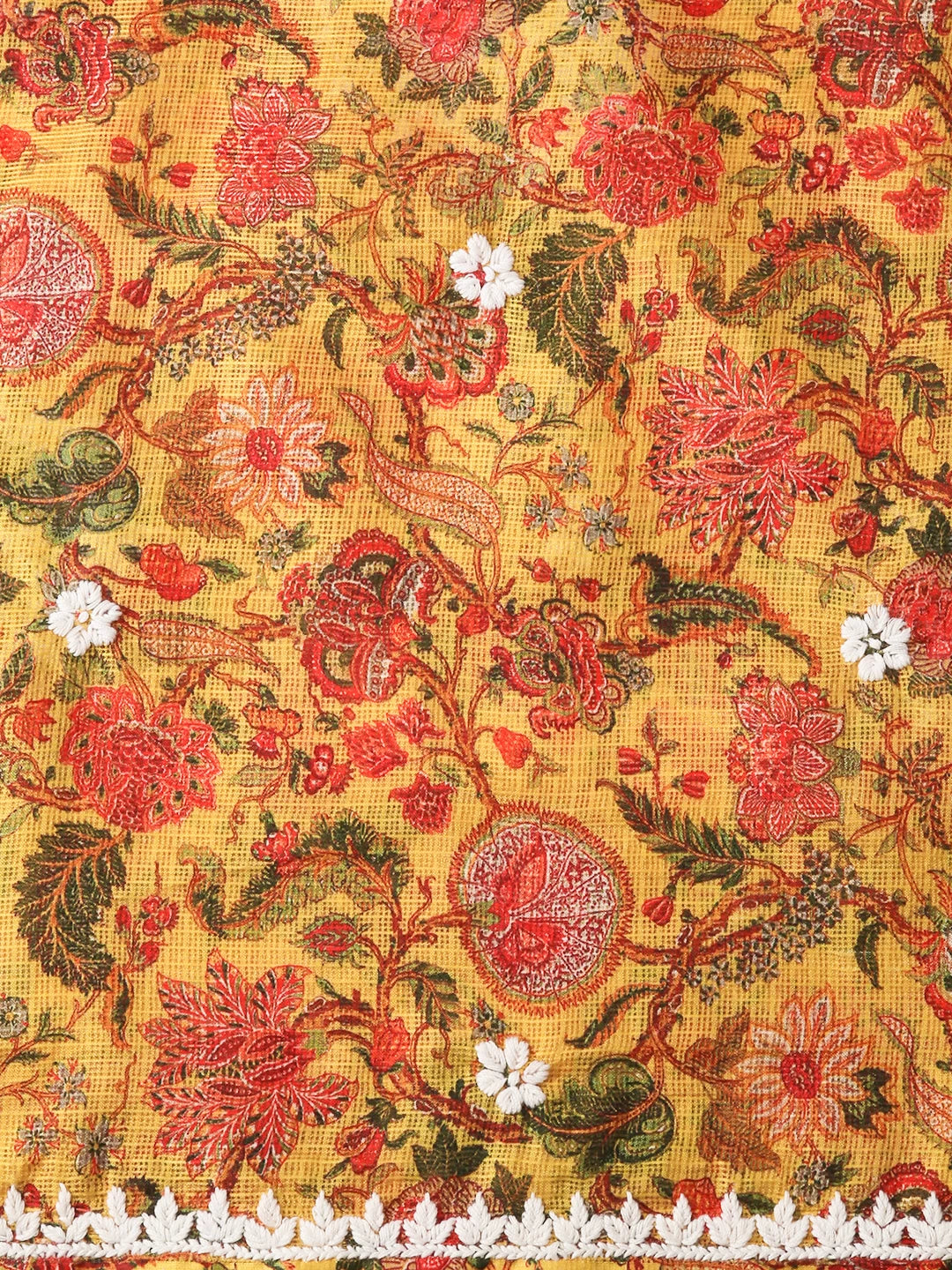 Ada Hand Embroidered Madallion Yellow Floral Printed Kota Silk Lucknowi Chikankari Unstitched Kurta Piece 01A349803