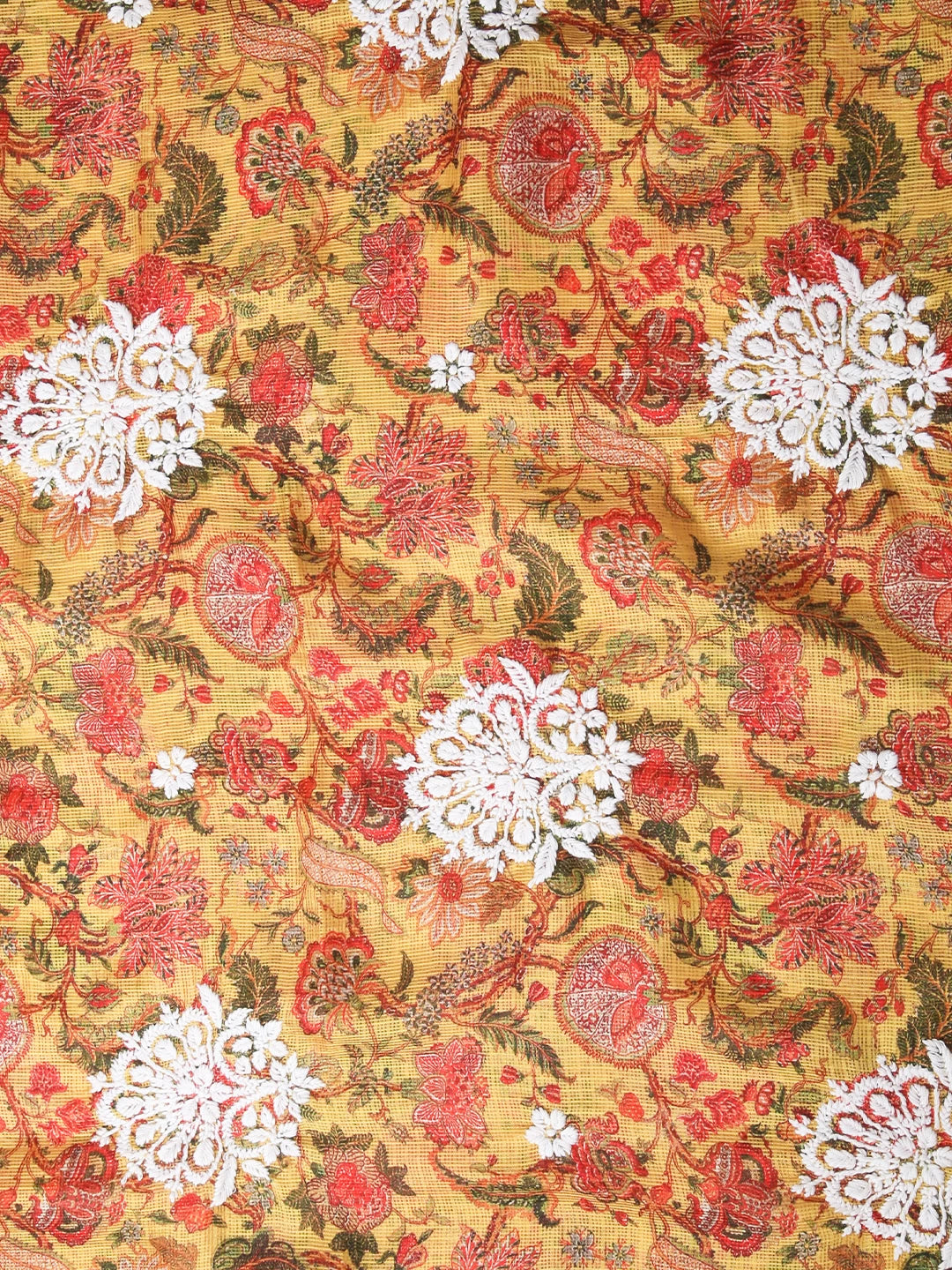 Ada Hand Embroidered Madallion Yellow Floral Printed Kota Silk Lucknowi Chikankari Unstitched Kurta Piece 01A349803