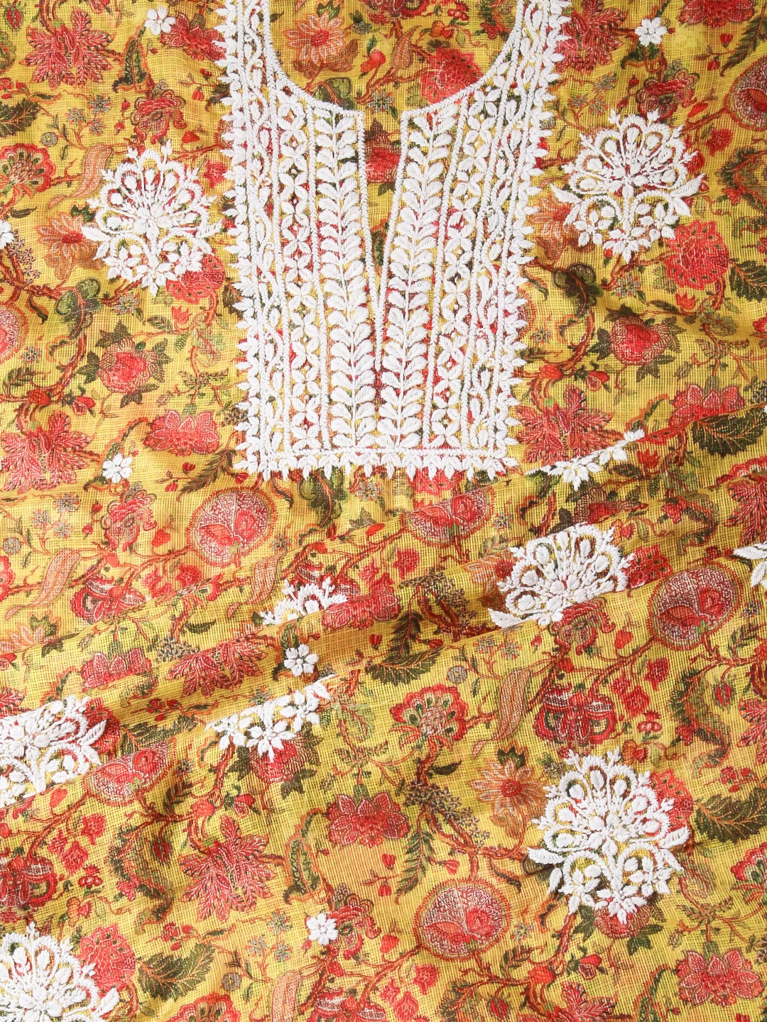 Ada Hand Embroidered Madallion Yellow Floral Printed Kota Silk Lucknowi Chikankari Unstitched Kurta Piece 01A349803