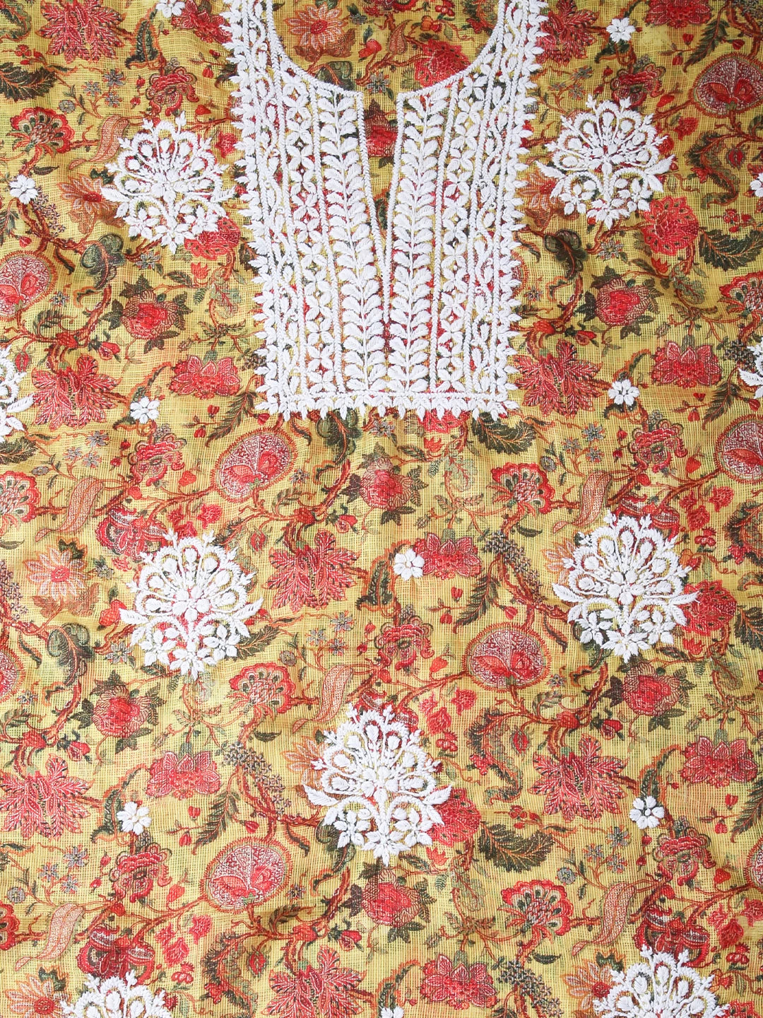 Ada Hand Embroidered Madallion Yellow Floral Printed Kota Silk Lucknowi Chikankari Unstitched Kurta Piece 01A349803