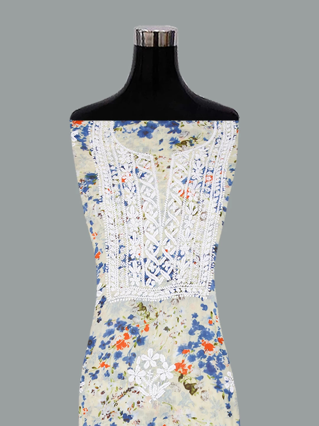 Ada Hand Embroidered Cream Cotton Blend Lucknowi Chikankari Unstitched Kurta Dupatta Set 01A413706
