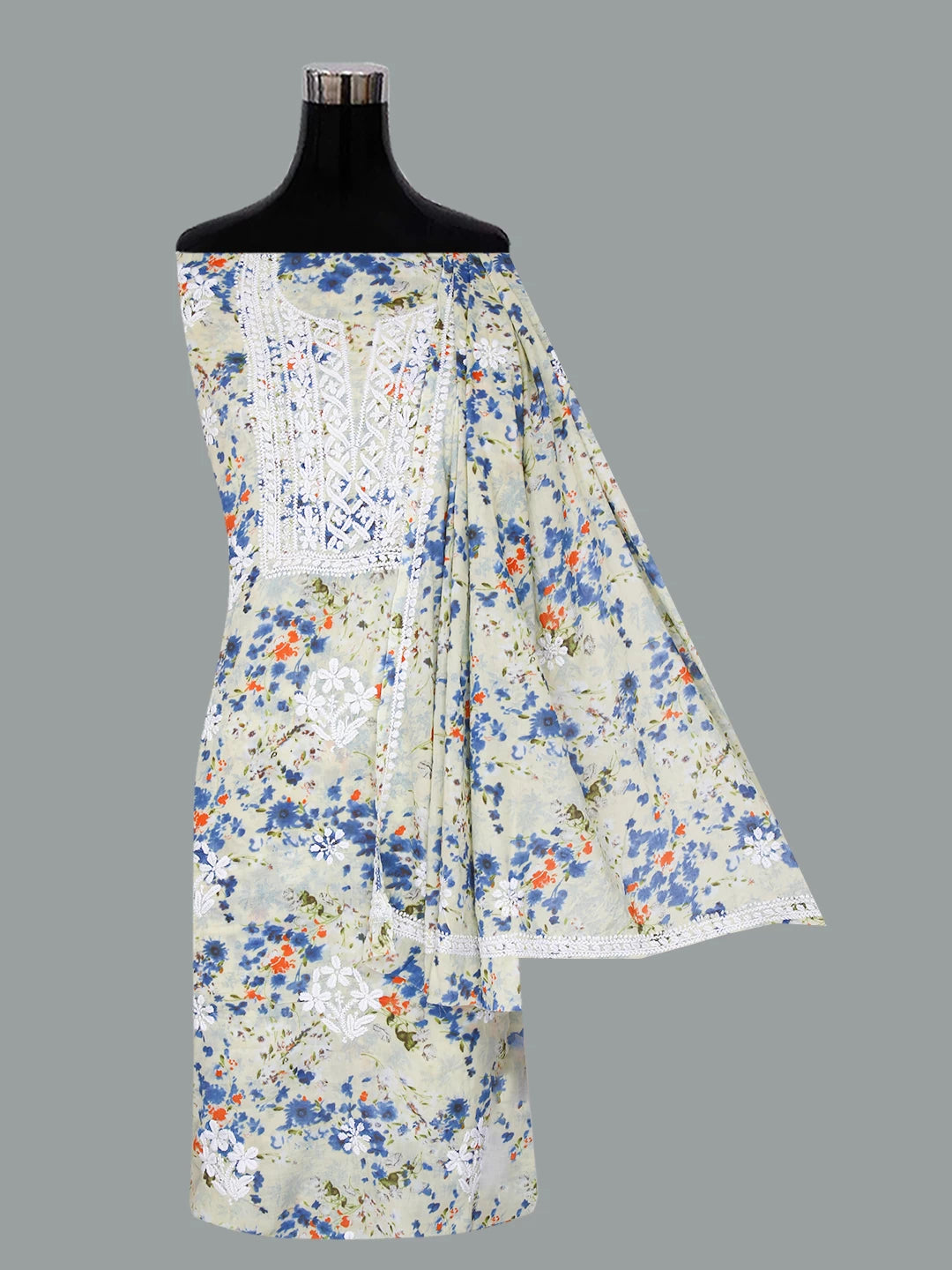 Ada Hand Embroidered Cream Cotton Blend Lucknowi Chikankari Unstitched Kurta Dupatta Set 01A413706