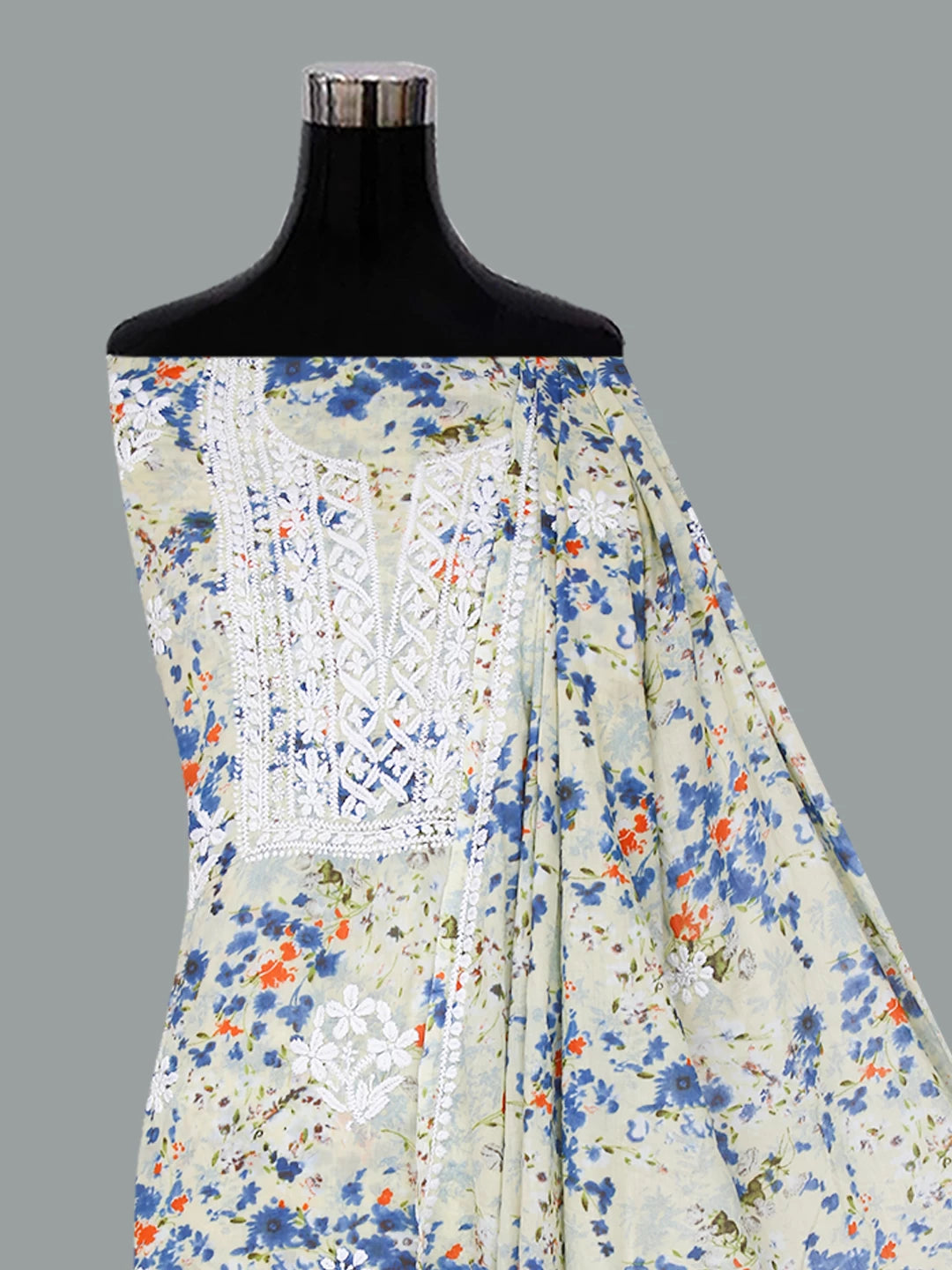 Ada Hand Embroidered Cream Cotton Blend Lucknowi Chikankari Unstitched Kurta Dupatta Set 01A413706