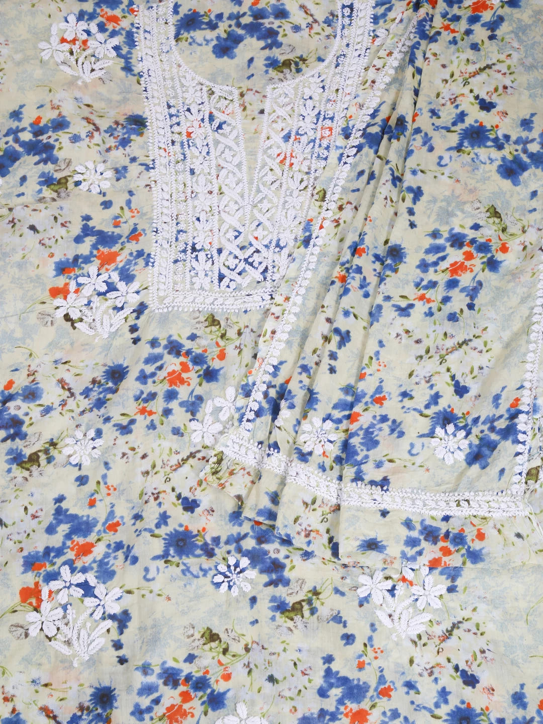 Ada Hand Embroidered Cream Cotton Blend Lucknowi Chikankari Unstitched Kurta Dupatta Set 01A413706