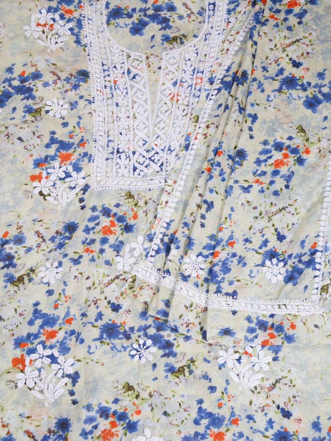 Ada Hand Embroidered Cream Cotton Blend Lucknowi Chikankari Unstitched Kurta Dupatta Set 01A413706