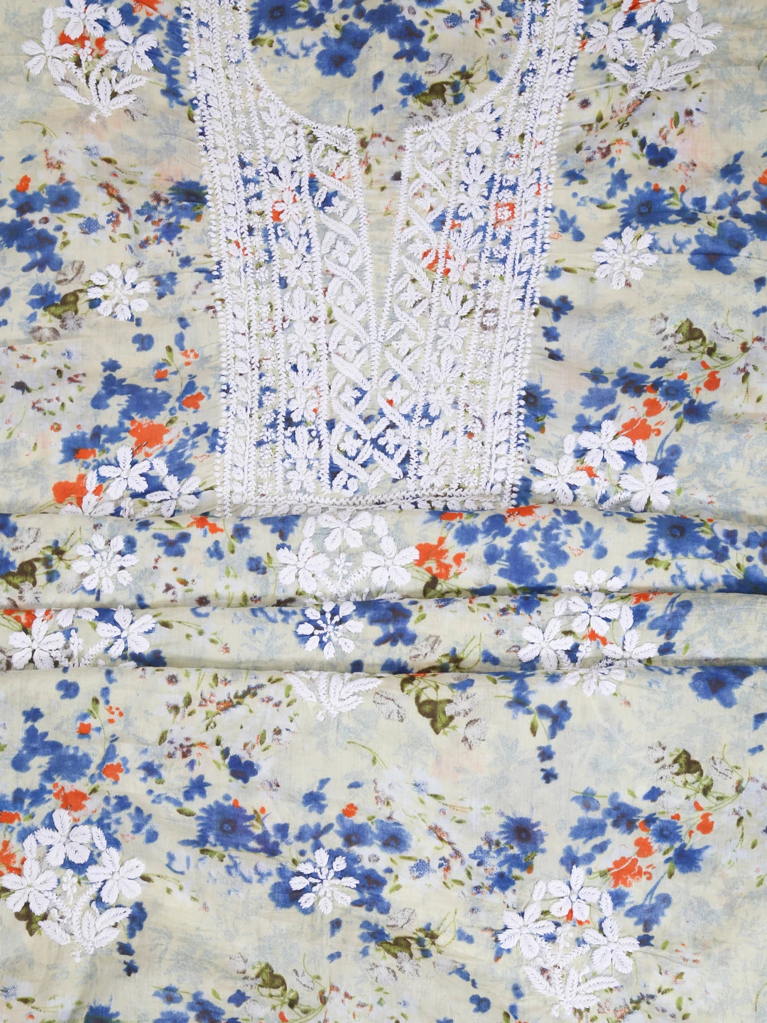 Ada Hand Embroidered Cream Cotton Blend Lucknowi Chikankari Unstitched Kurta Dupatta Set 01A413706