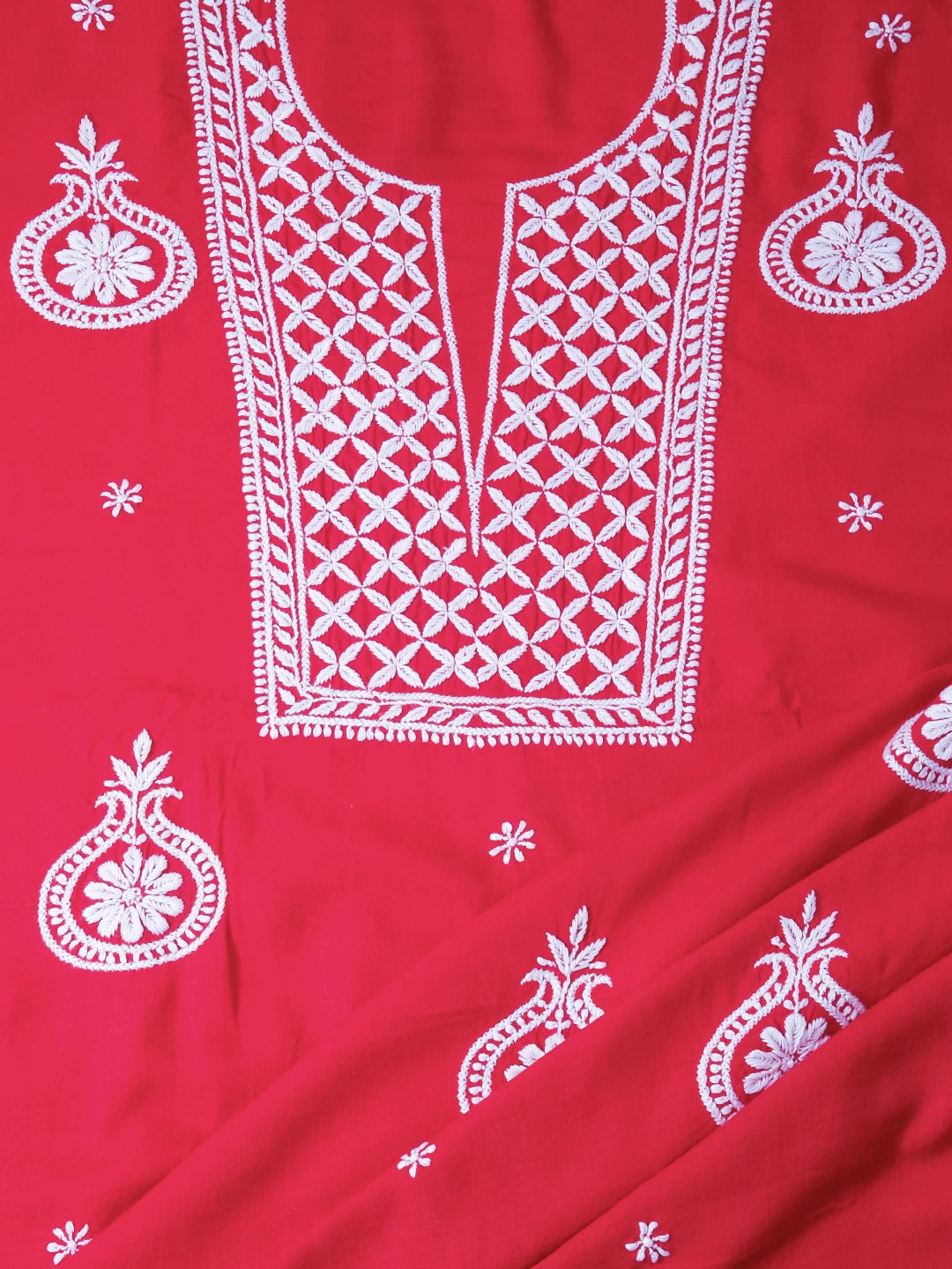 Ada Hand Embroidered Vermillion Red Modal Lucknowi Chikankari Unstitched Kurta Piece 01A337500