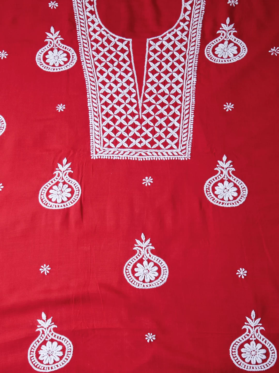 Ada Hand Embroidered Vermillion Red Modal Lucknowi Chikankari Unstitched Kurta Piece 01A337500