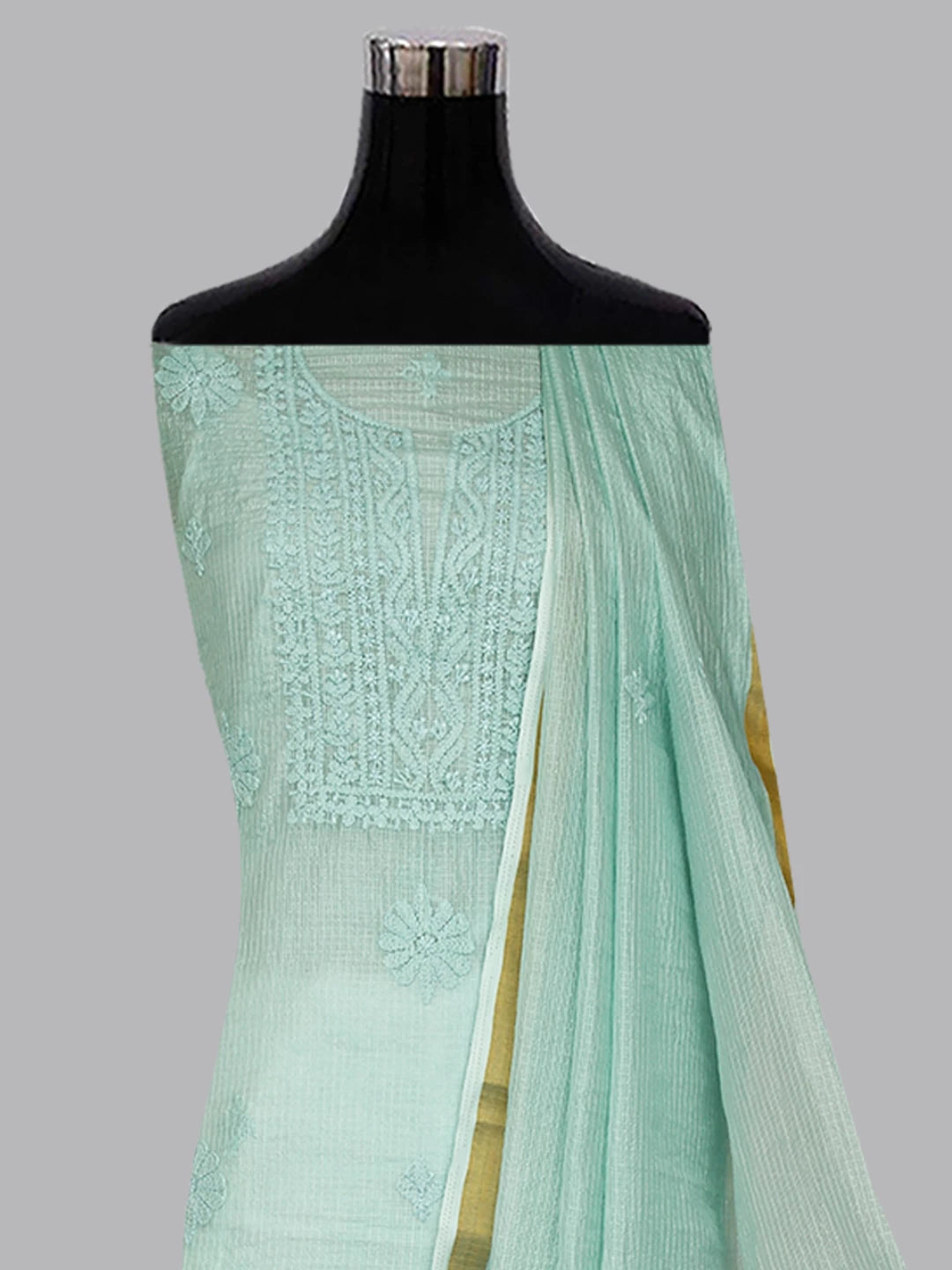 Ada Hand Embroidered Pastel Mint Green Kota Chanderi Lucknowi Chikankari Unstitched Kurta Dupatta Set 01A409802
