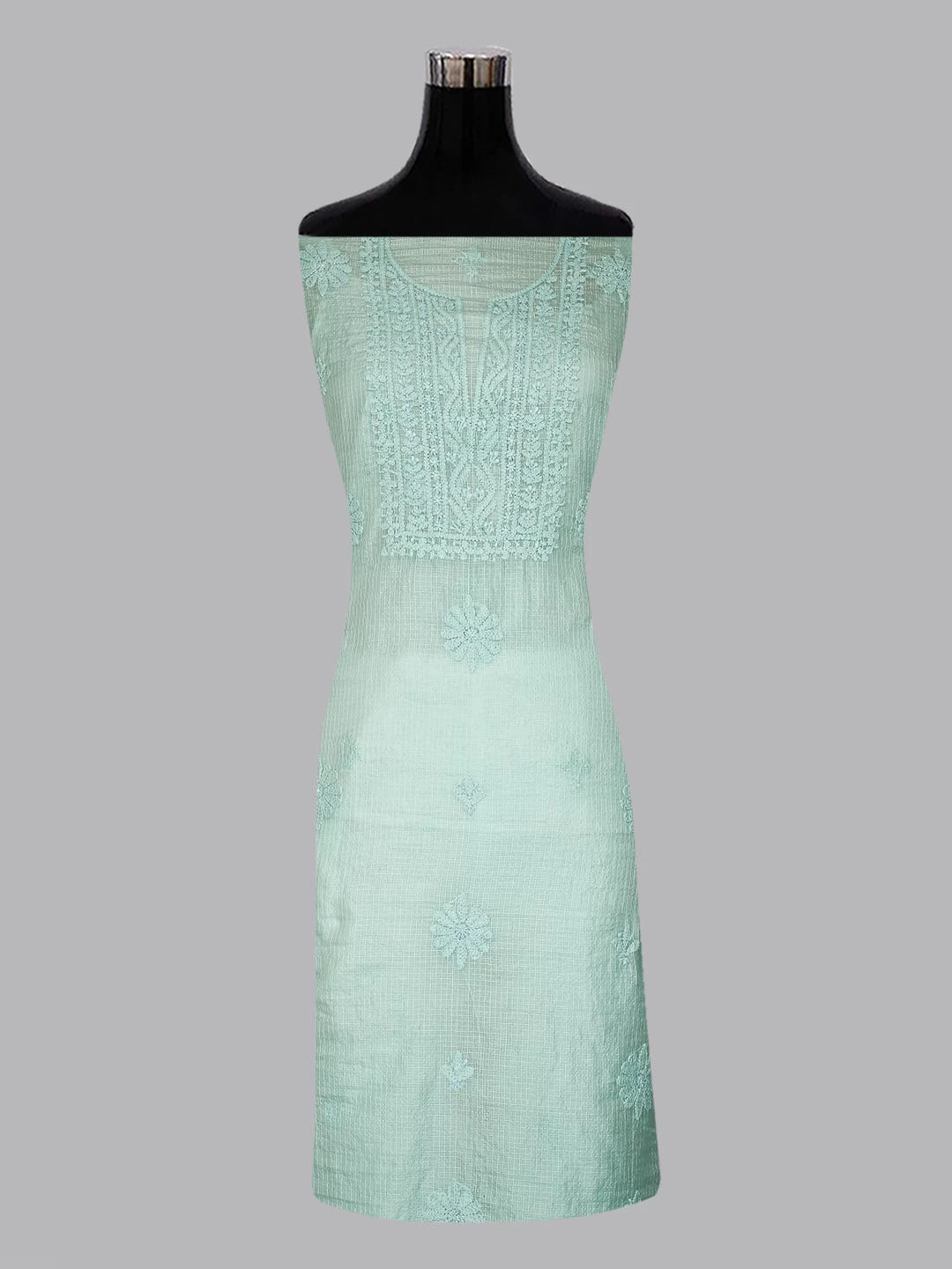 Ada Hand Embroidered Pastel Mint Green Kota Chanderi Lucknowi Chikankari Unstitched Kurta Dupatta Set 01A409802