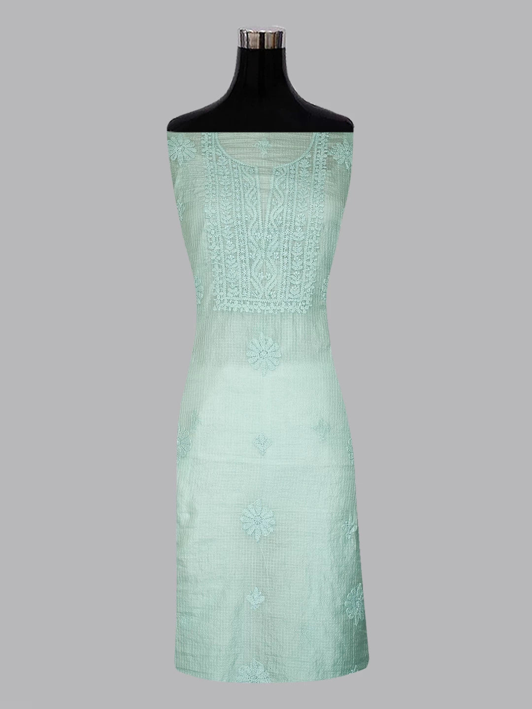 Ada Hand Embroidered Pastel Mint Green Kota Chanderi Lucknowi Chikankari Unstitched Kurta Dupatta Set 01A409802