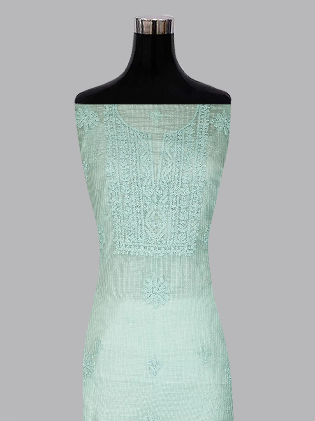Ada Hand Embroidered Pastel Mint Green Kota Chanderi Lucknowi Chikankari Unstitched Kurta Dupatta Set 01A409802