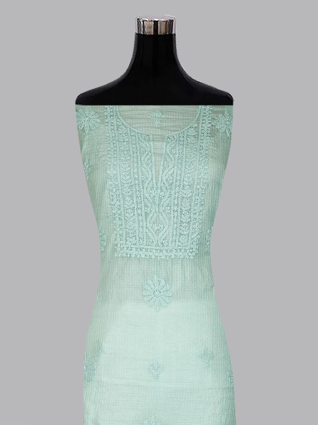 Ada Hand Embroidered Pastel Mint Green Kota Chanderi Lucknowi Chikankari Unstitched Kurta Dupatta Set 01A409802