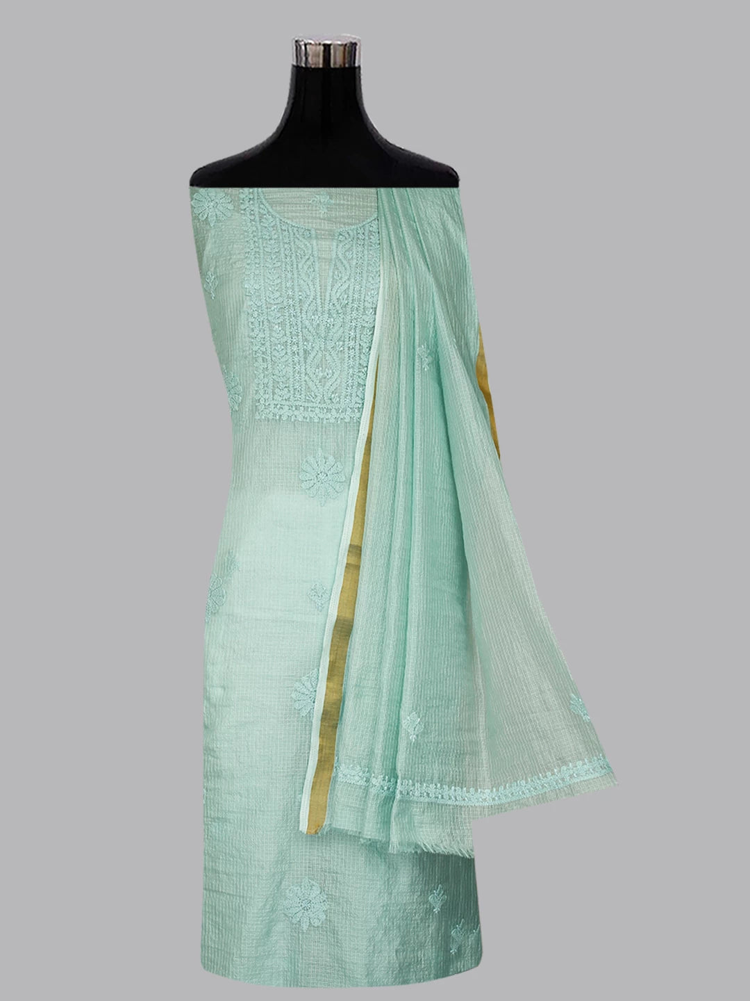 Ada Hand Embroidered Pastel Mint Green Kota Chanderi Lucknowi Chikankari Unstitched Kurta Dupatta Set 01A409802