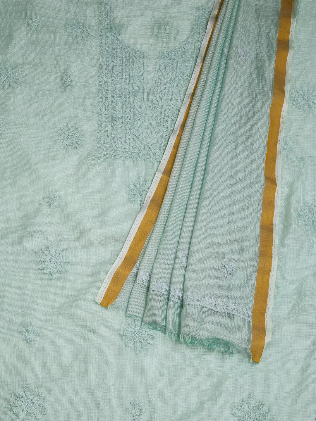 Ada Hand Embroidered Pastel Mint Green Kota Chanderi Lucknowi Chikankari Unstitched Kurta Dupatta Set 01A409802