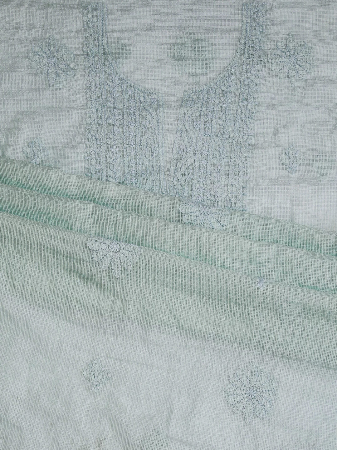 Ada Hand Embroidered Pastel Mint Green Kota Chanderi Lucknowi Chikankari Unstitched Kurta Dupatta Set 01A409802