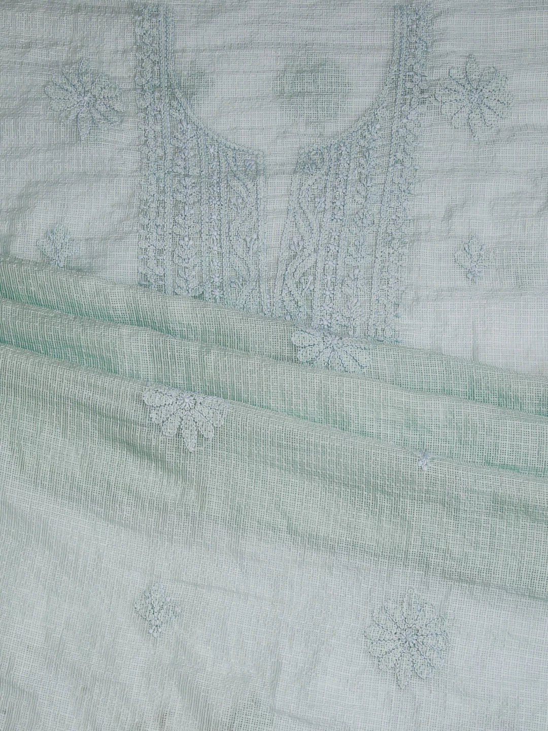 Ada Hand Embroidered Pastel Mint Green Kota Chanderi Lucknowi Chikankari Unstitched Kurta Dupatta Set 01A409802