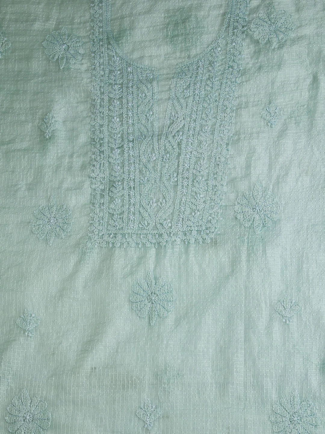 Ada Hand Embroidered Pastel Mint Green Kota Chanderi Lucknowi Chikankari Unstitched Kurta Dupatta Set 01A409802