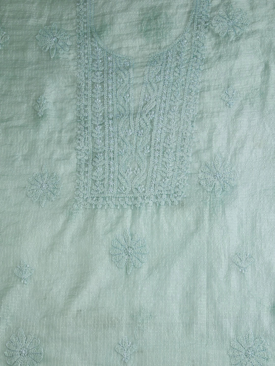 Ada Hand Embroidered Pastel Mint Green Kota Chanderi Lucknowi Chikankari Unstitched Kurta Dupatta Set 01A409802